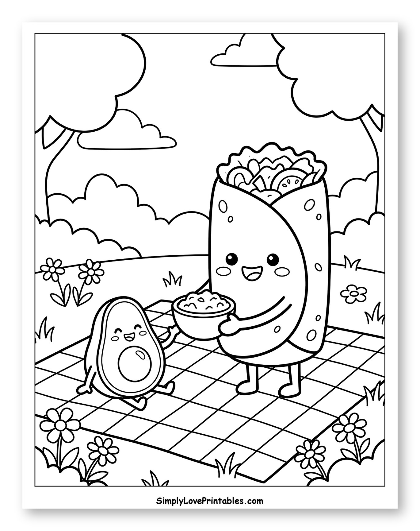 Happy Burrito and Avocado on a Picnic Coloring Sheet for Kids