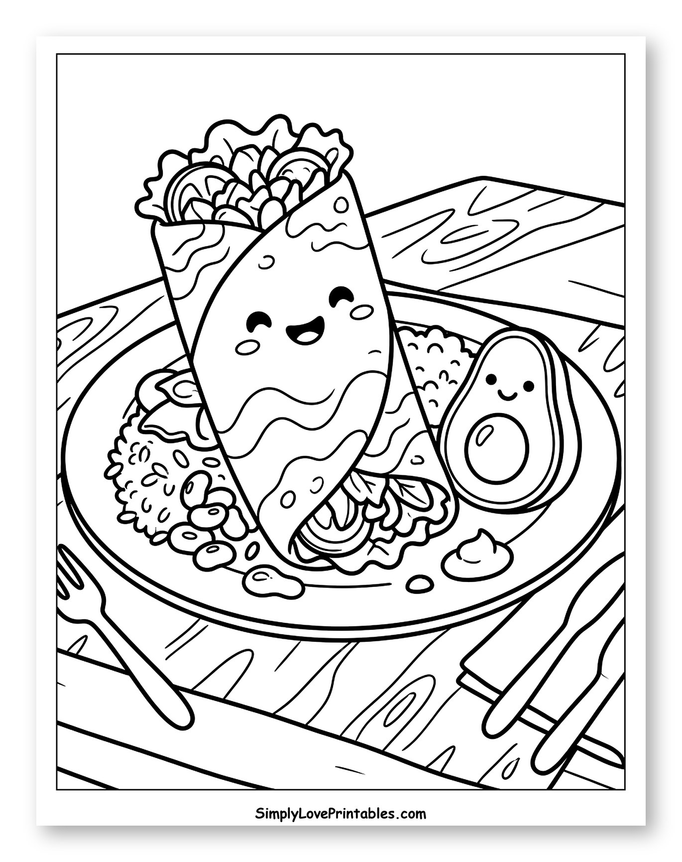Happy Burrito and Avocado on Wooden Table Coloring Sheet for Kids