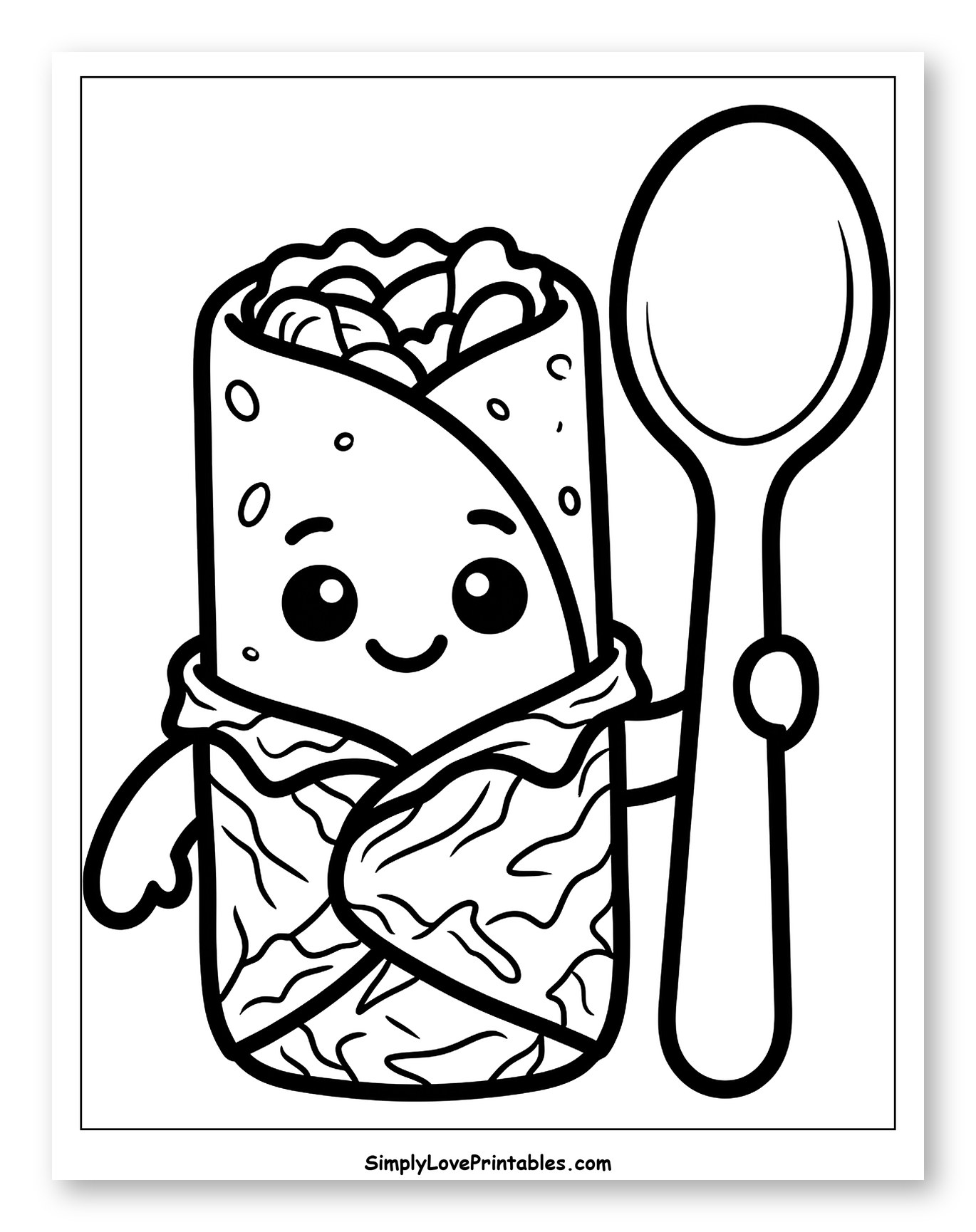 Happy Burrito Character with a Spoon to Color for Toddlers