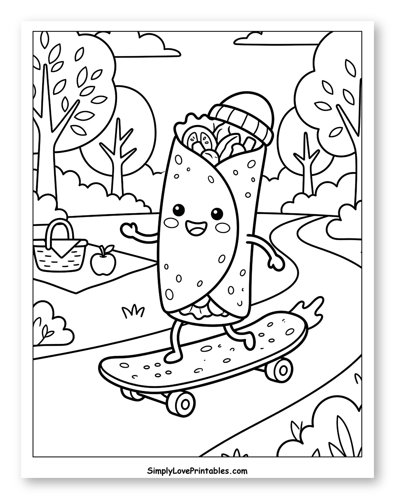 Happy Burrito Skateboarding Through a Park Coloring Page for Kids