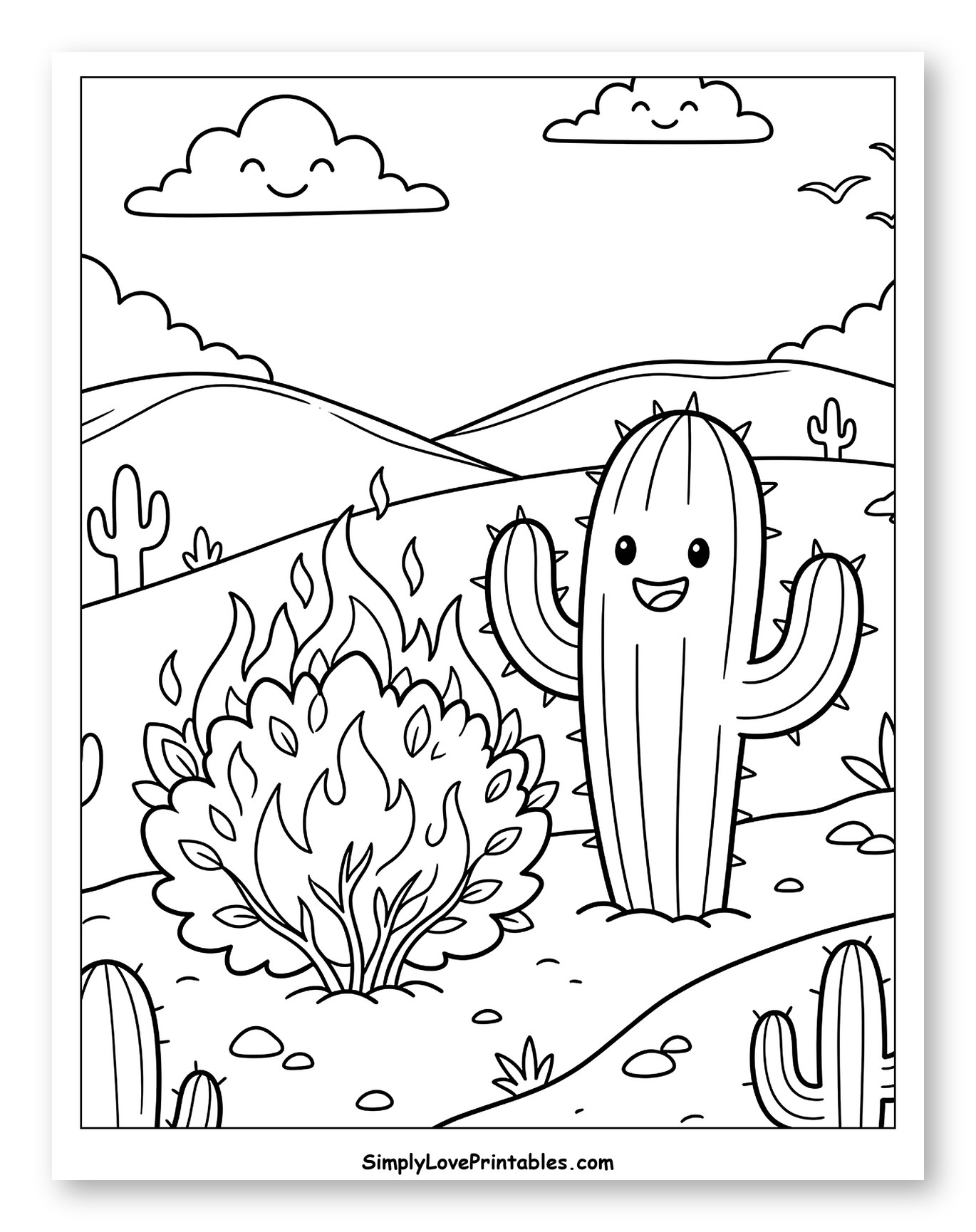 Happy Cactus and Burning Bush in Desert to Color for Kids