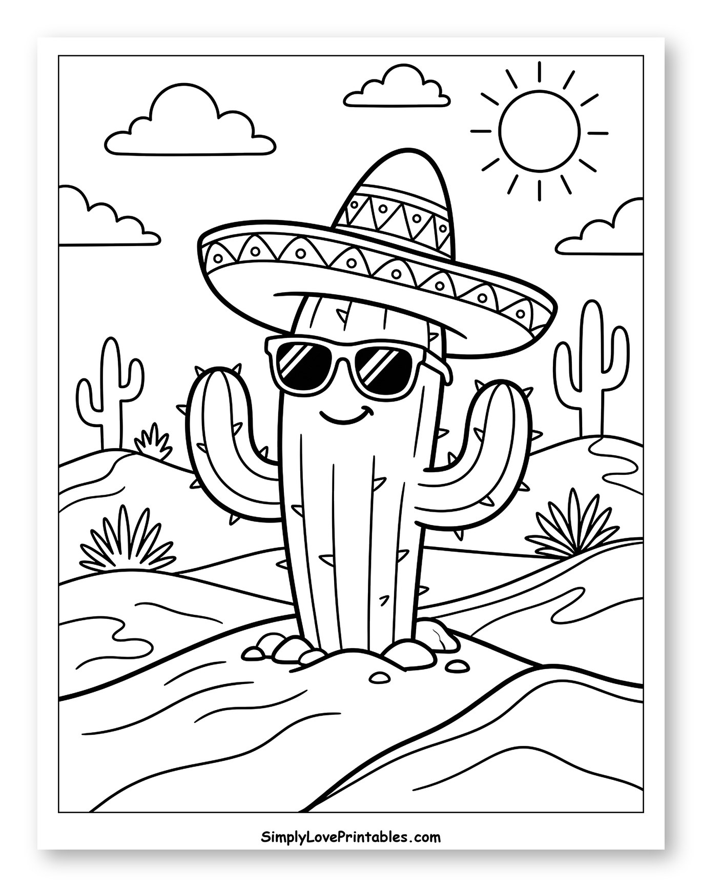 Happy Cactus in Sombrero and Sunglasses Coloring Page for Kids