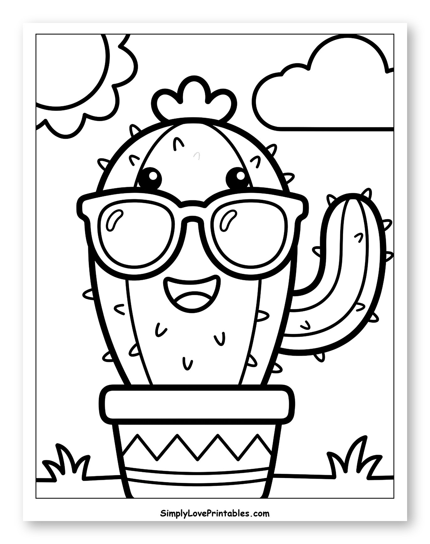 Happy Cactus with Sunglasses and Sun Coloring Sheet for Toddlers