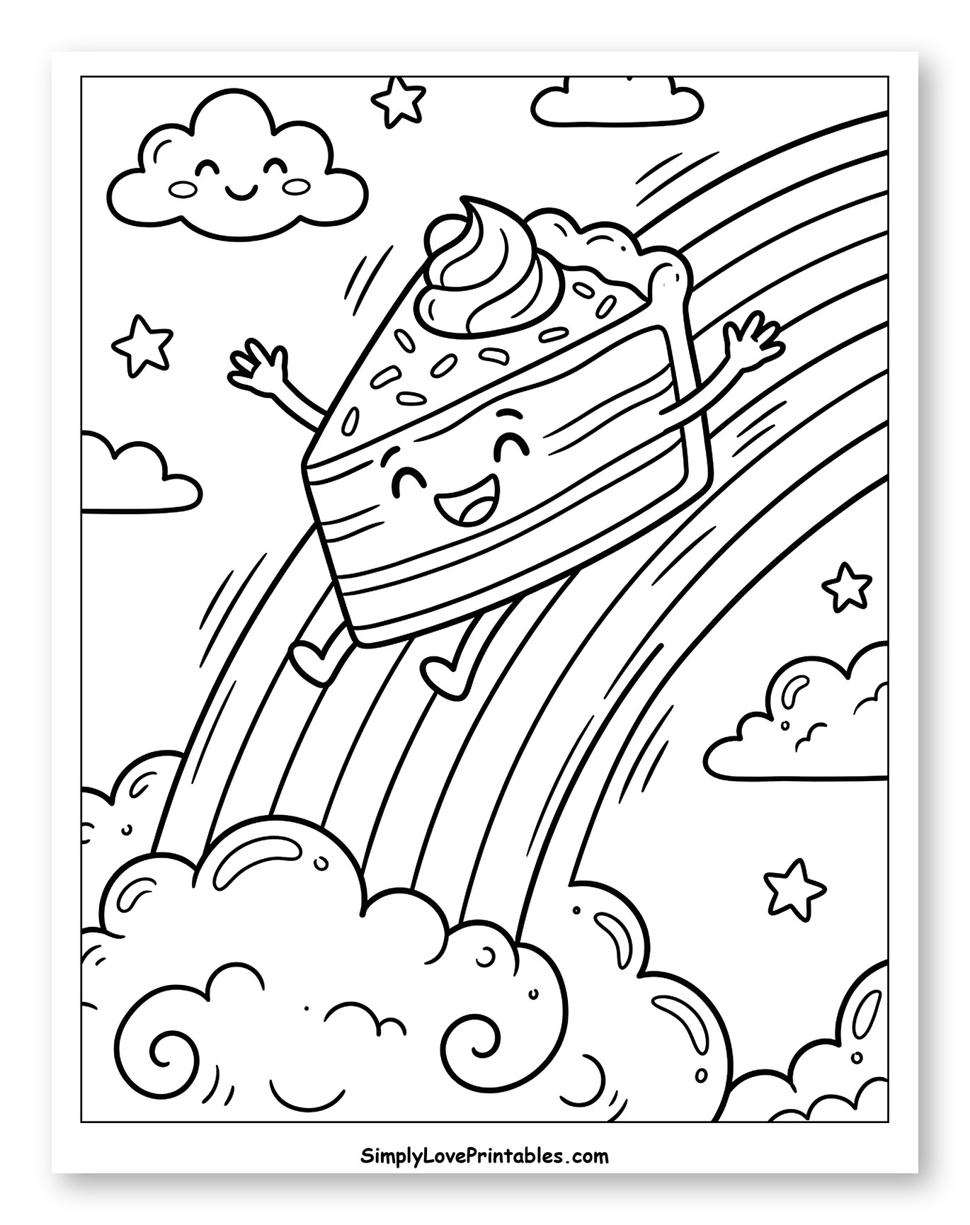 Happy Cake Slice Sliding Down a Rainbow to Color for Kids
