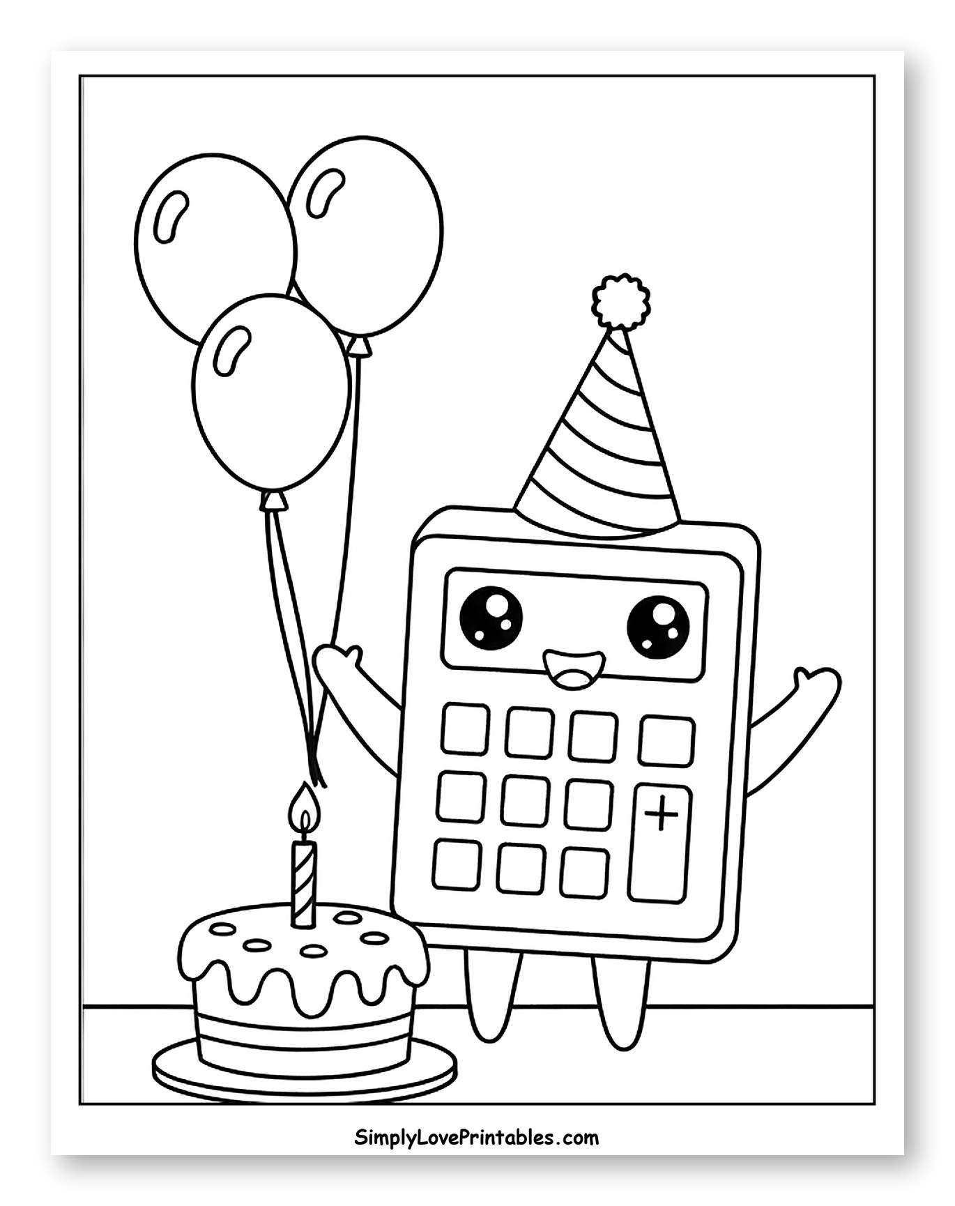 Happy Calculator with Cake and Balloons Coloring Page for Kids