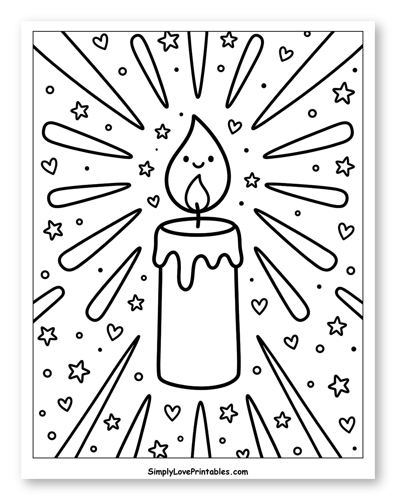 Happy Candle with Hearts and Stars Coloring Sheet for Adults
