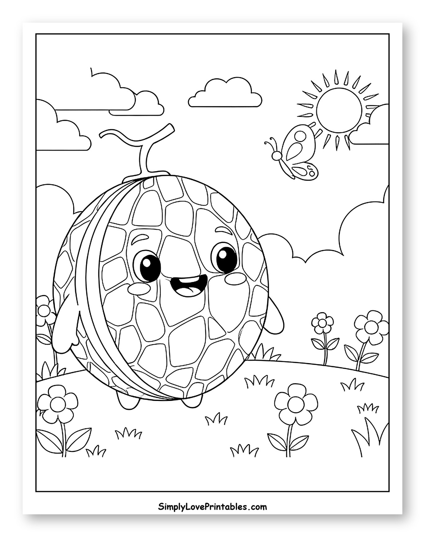 Happy Cantaloupe in a Sunny Field Coloring Sheet for Kids