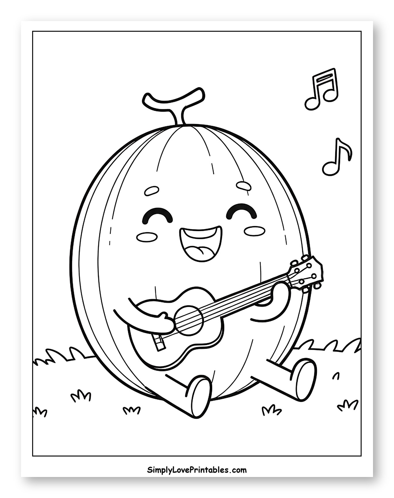 Happy Cantaloupe Playing Ukulele on Grass Coloring Sheet for Kids