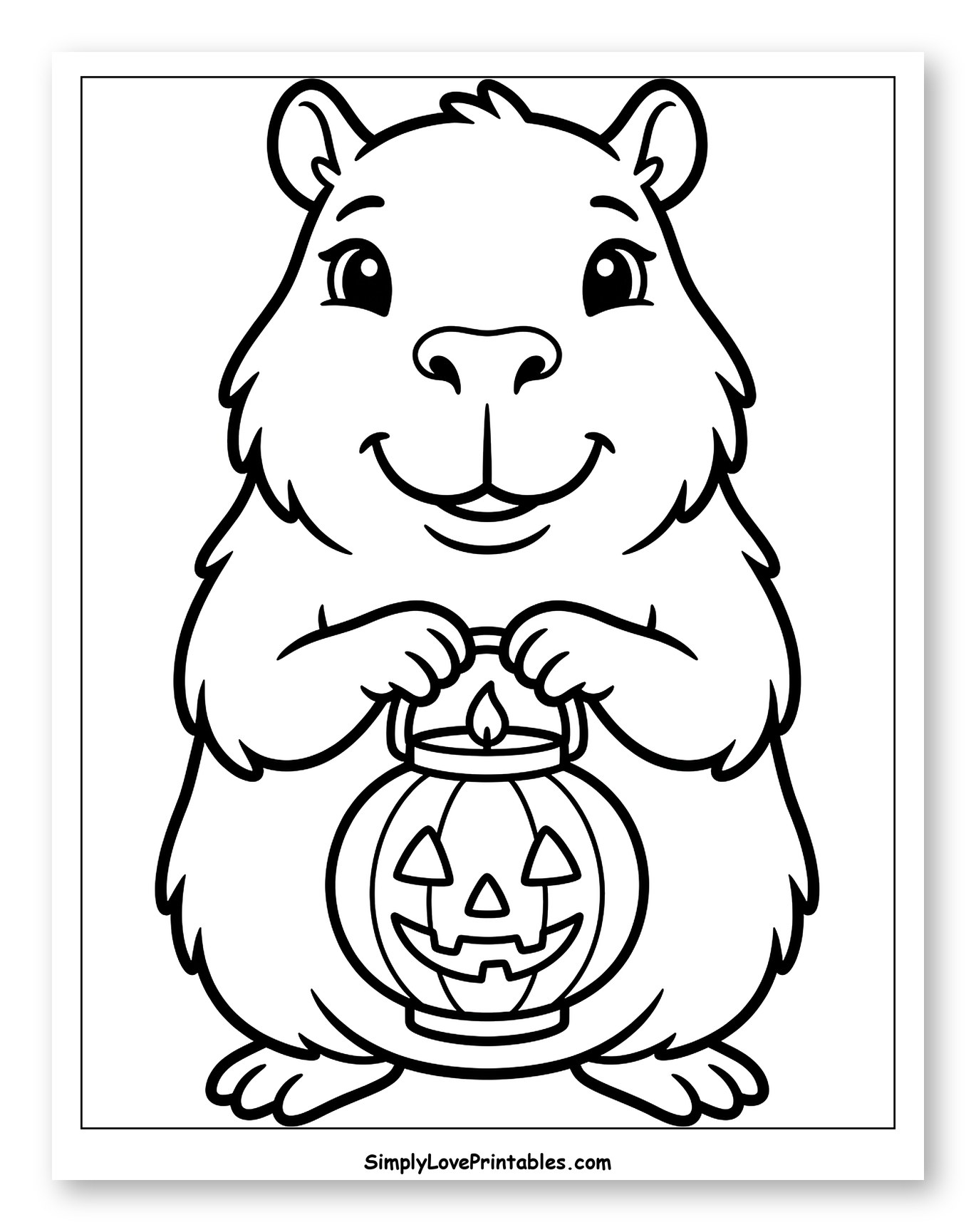 Happy Capybara Holding Pumpkin Lantern Coloring Sheet for Toddlers