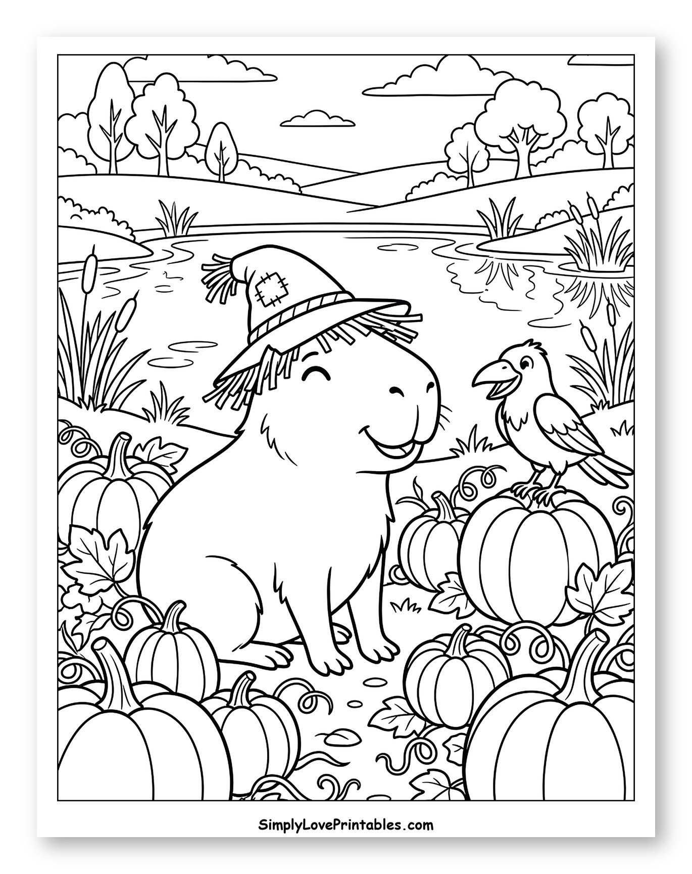 Happy Capybara in Autumn Pumpkin Patch to Color for Kids