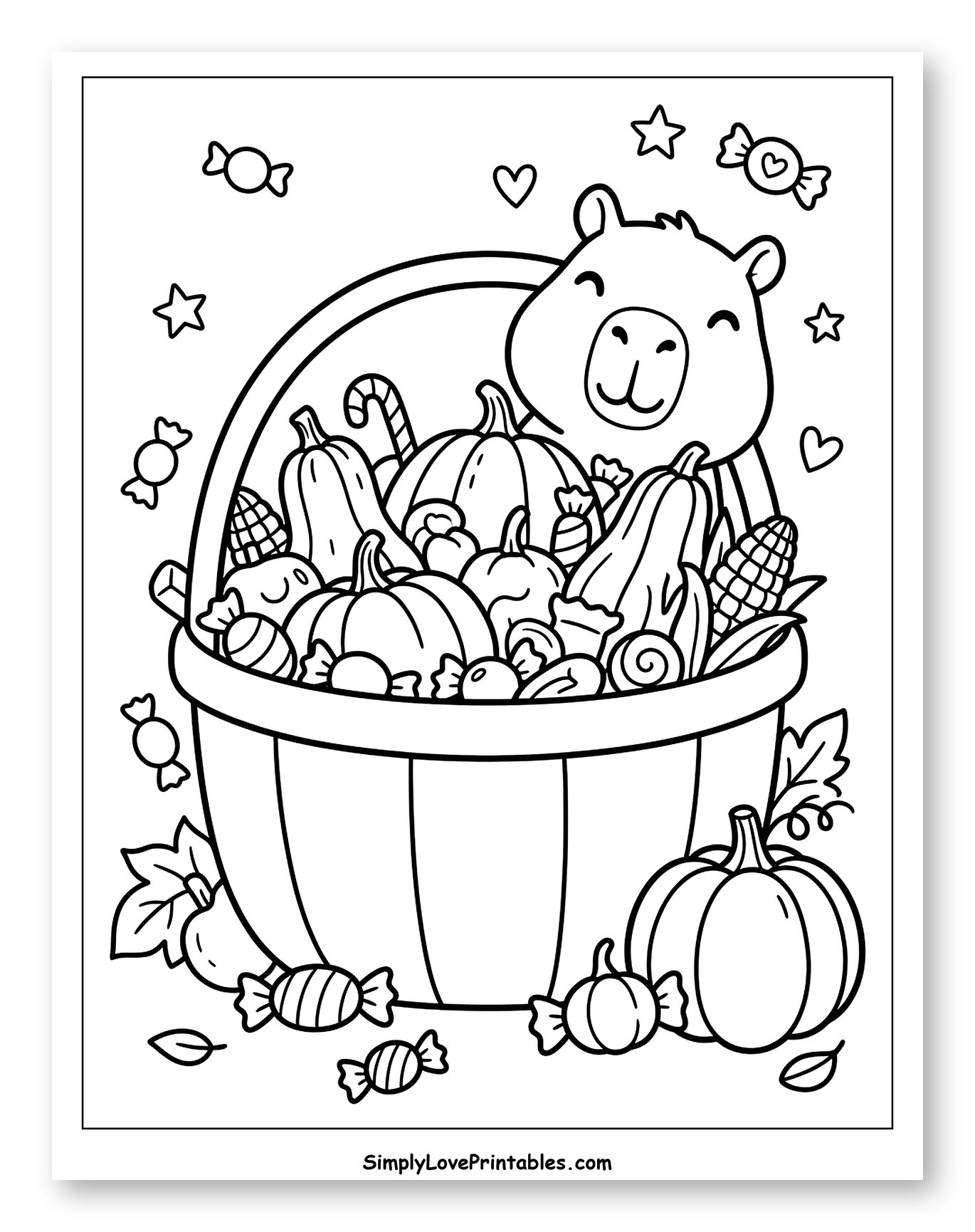 Happy Capybara with Pumpkins and Candies