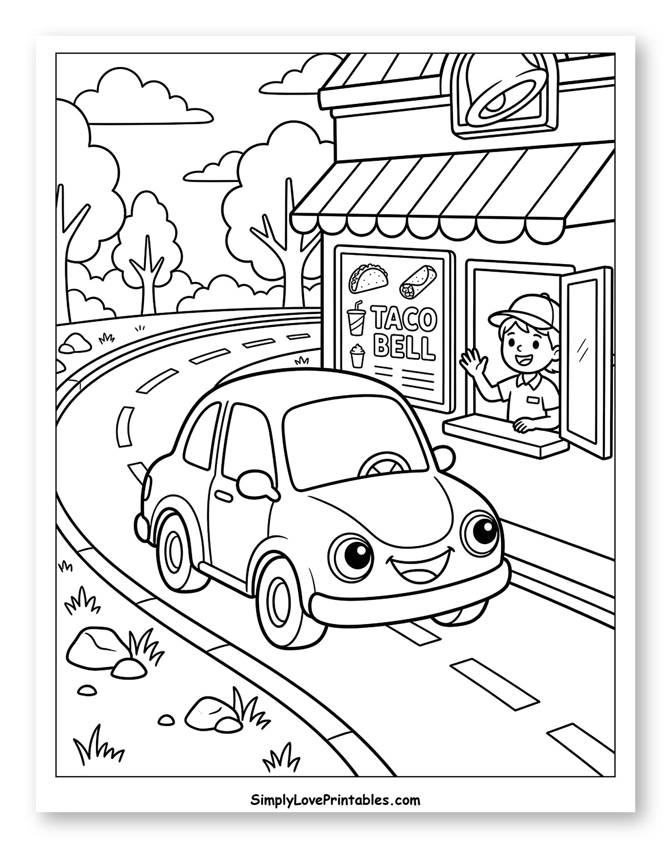 Happy Car at Taco Bell Drive-Thru Coloring Page for Kids