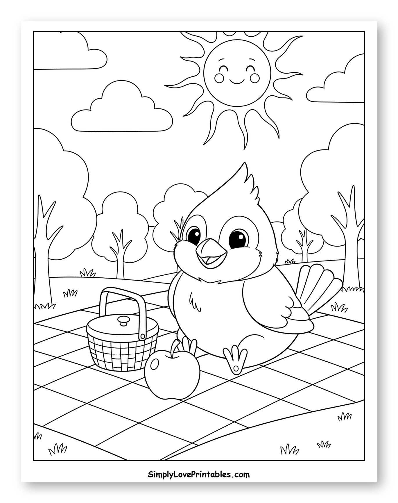 Happy Cardinal Enjoying a Sunny Picnic Coloring Page for Kids