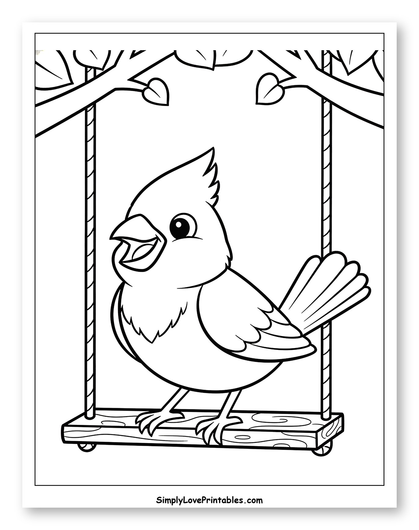 Happy Cardinal on a Tree Swing to Color for Toddlers