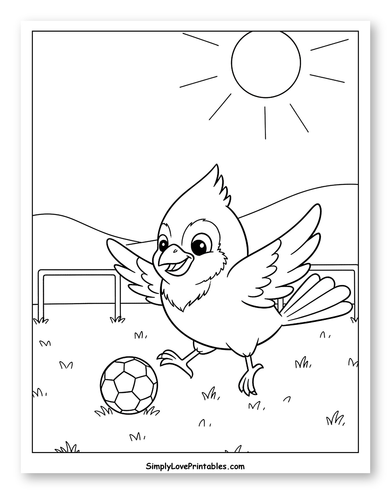Happy Cardinal Playing Soccer on a Sunny Day Coloring Sheet for Kids