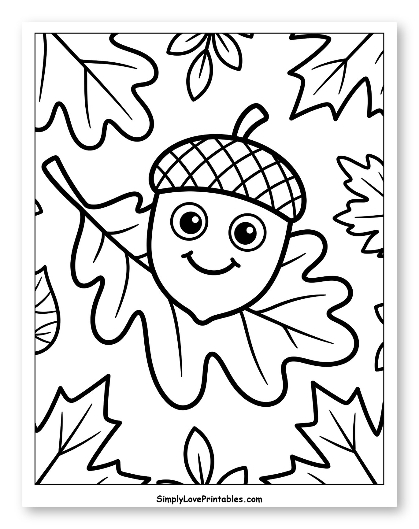 Happy Cartoon Acorn Nestled in Fall Leaves