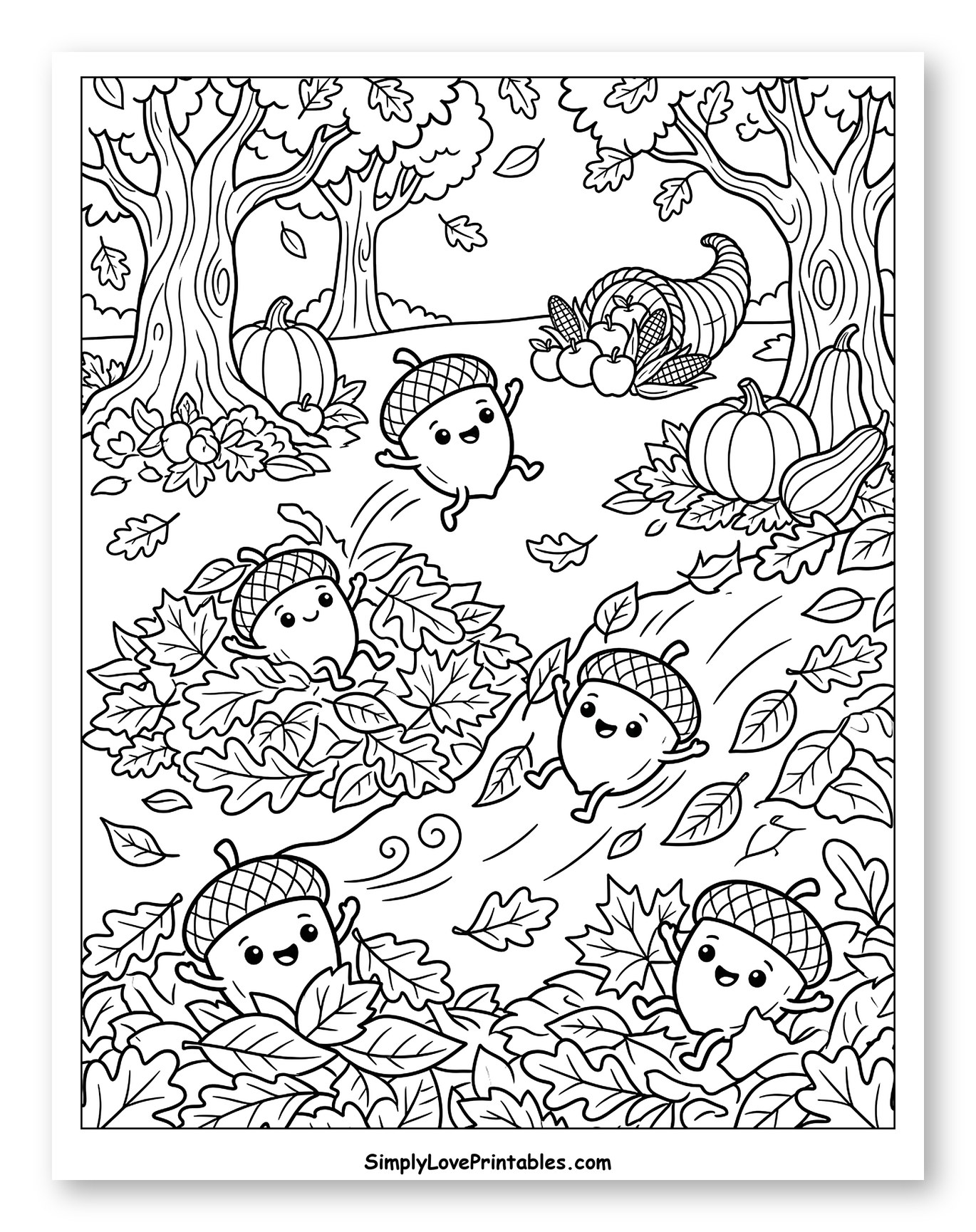 Happy Cartoon Acorns Playing in Fall Leaves