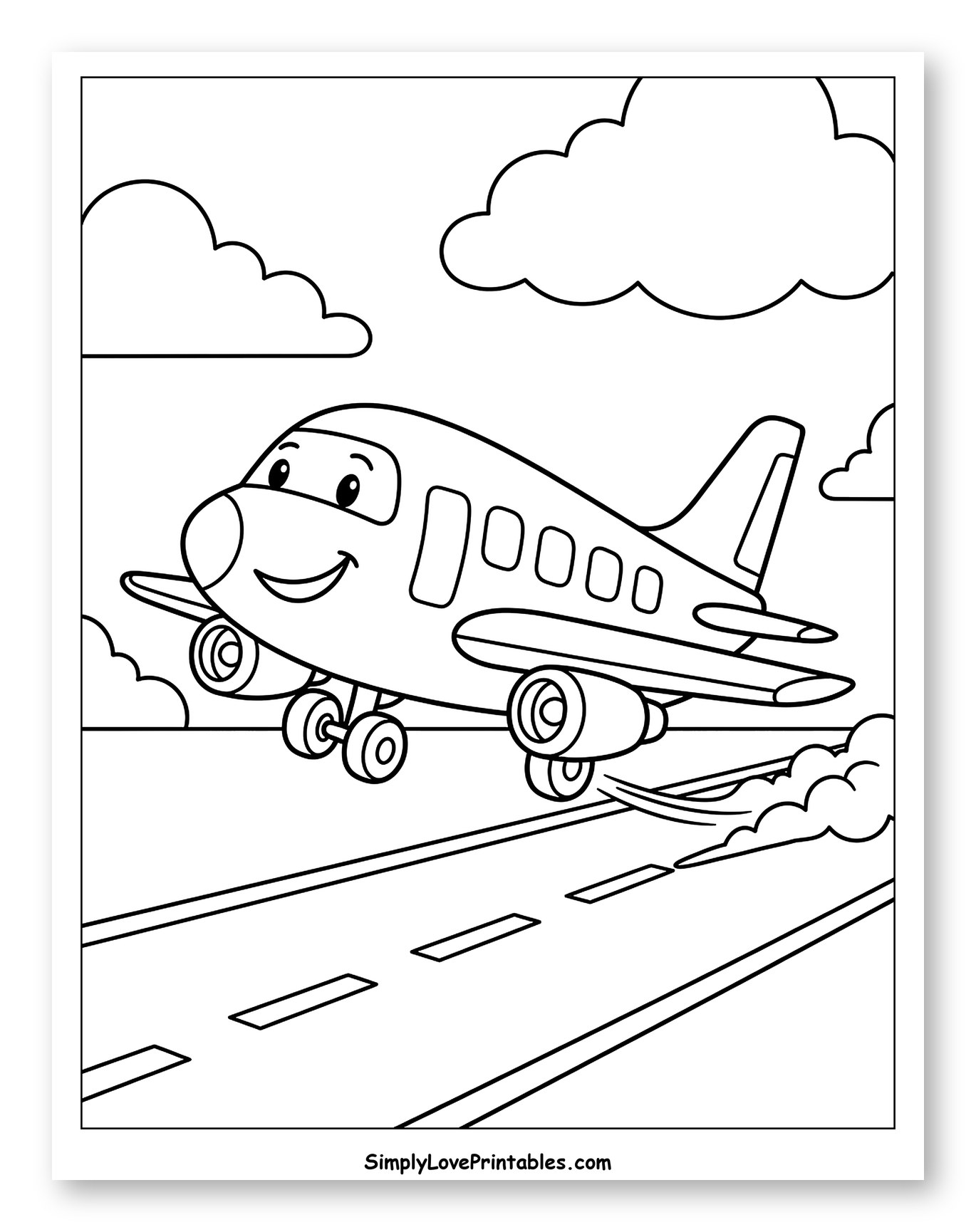 Happy Cartoon Airplane Taking Off from Runway Coloring Page for Kids