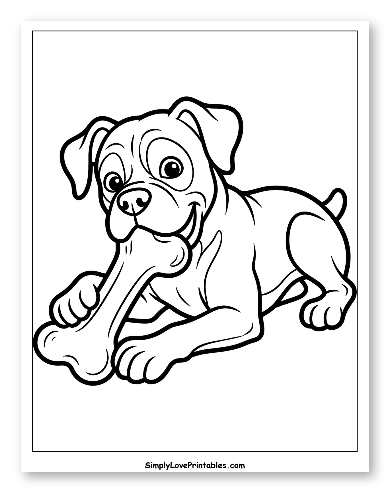 Happy Cartoon Boxer Dog Lying with Bone Coloring Page for Toddlers