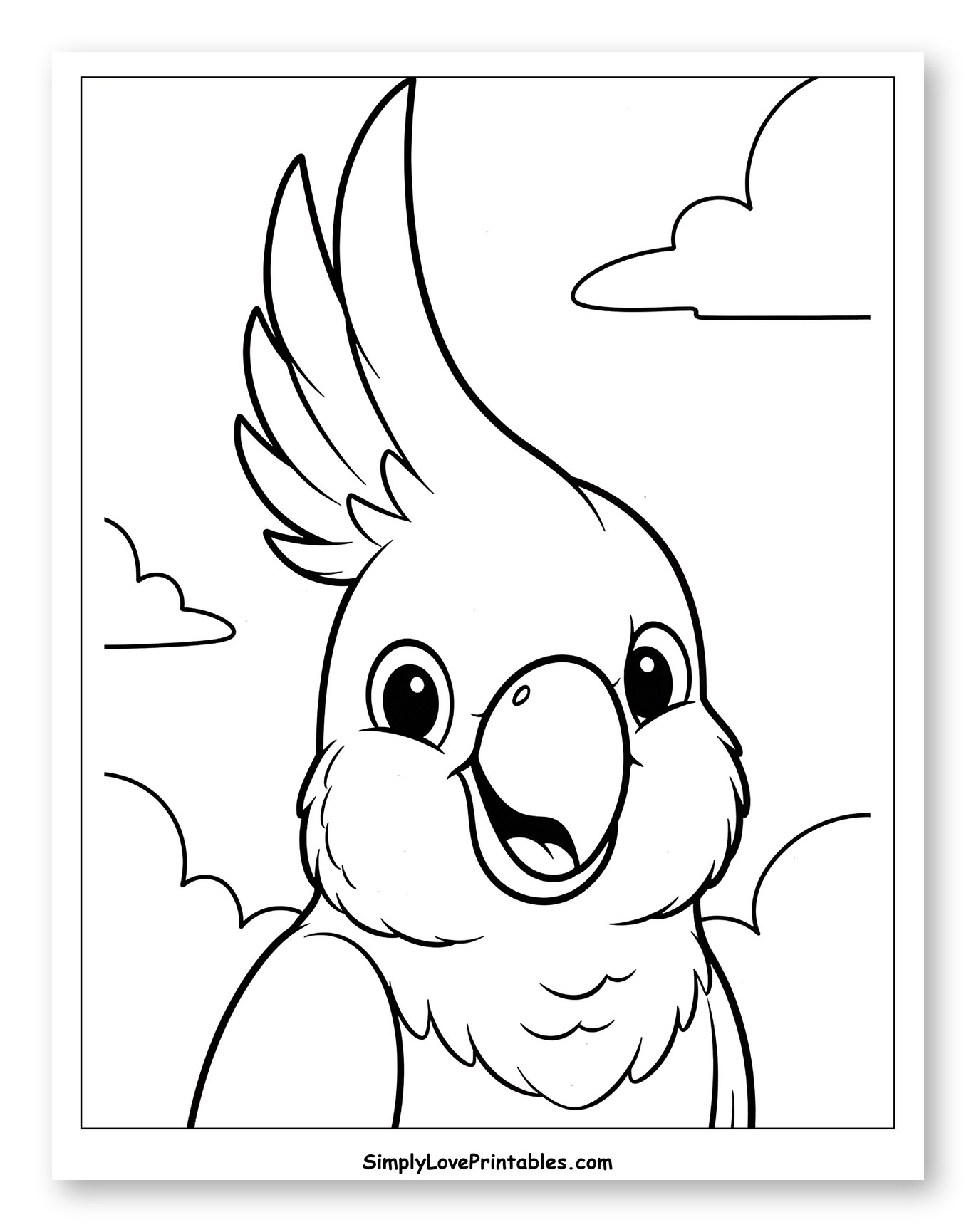 Happy Cartoon Cockatoo with Fluffy Clouds Coloring Page for Toddlers
