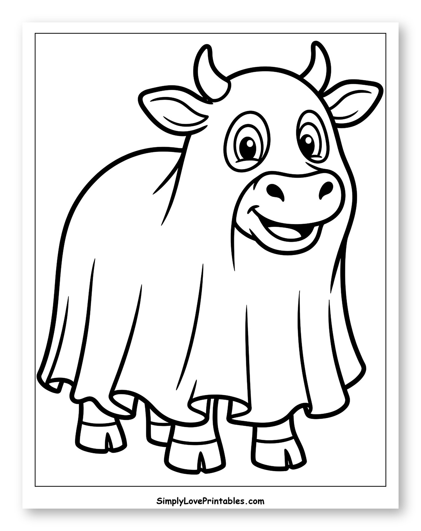 Happy Cartoon Cow in a Ghost Costume Coloring Sheet for Toddlers