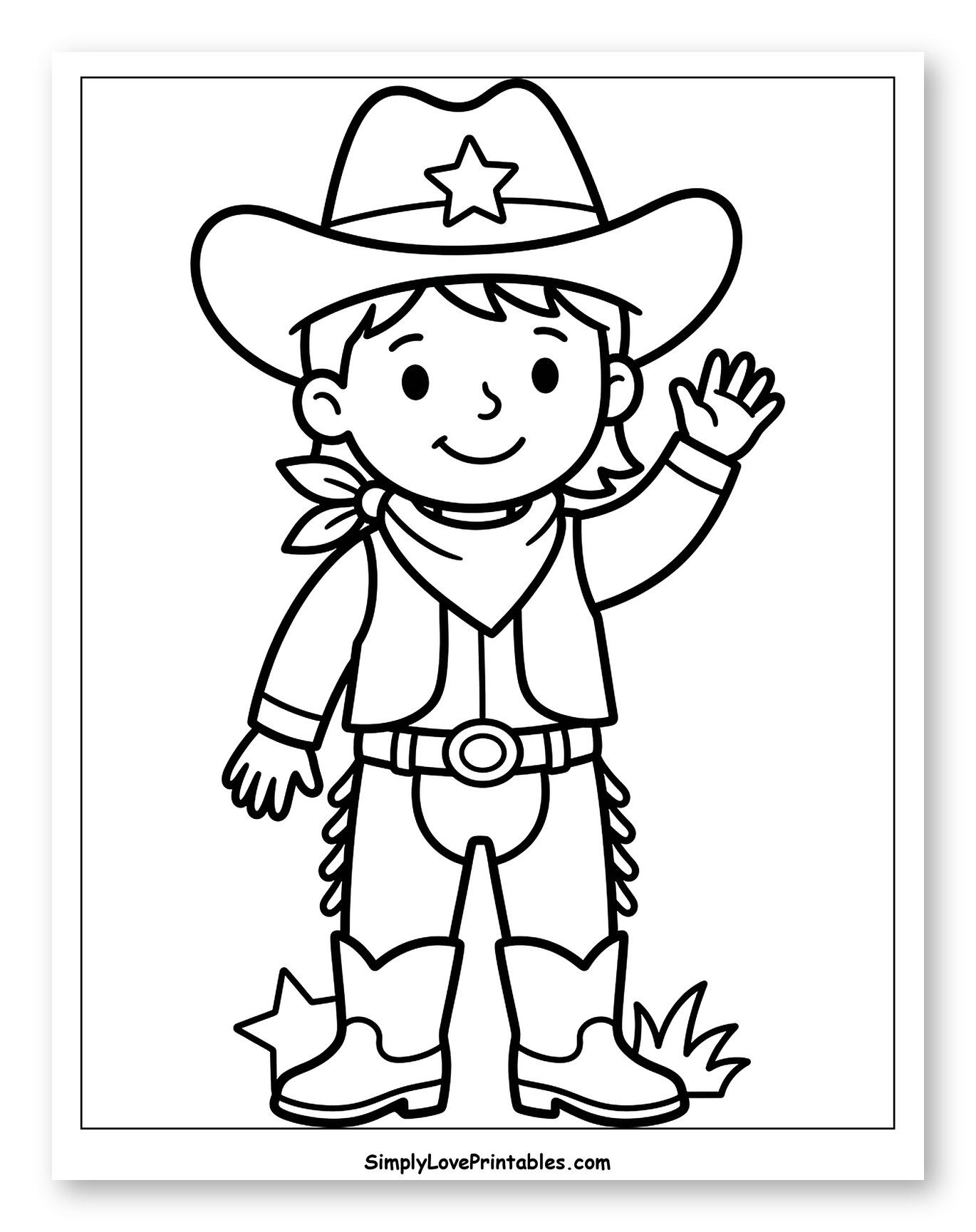 Happy Cartoon Cowboy Waving Coloring Page for Toddlers