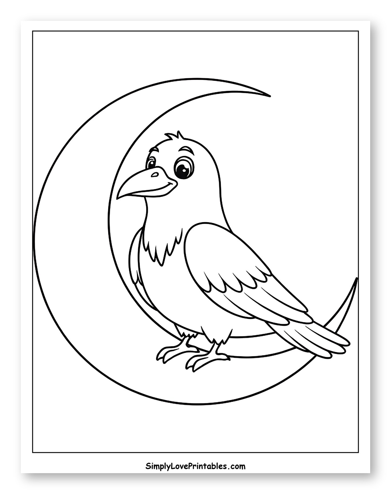 Happy Cartoon Crow Sitting on Crescent Moon Coloring Sheet for Toddlers
