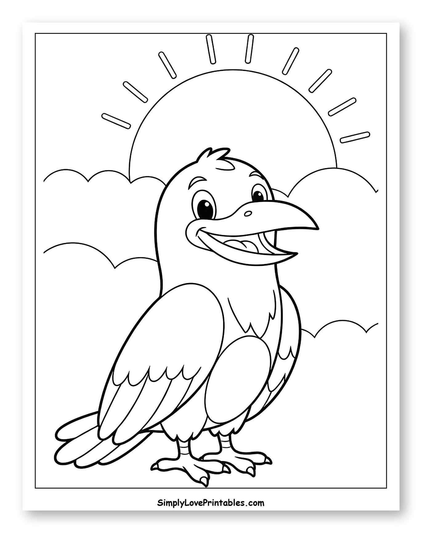 Happy Cartoon Crow with Sun and Clouds