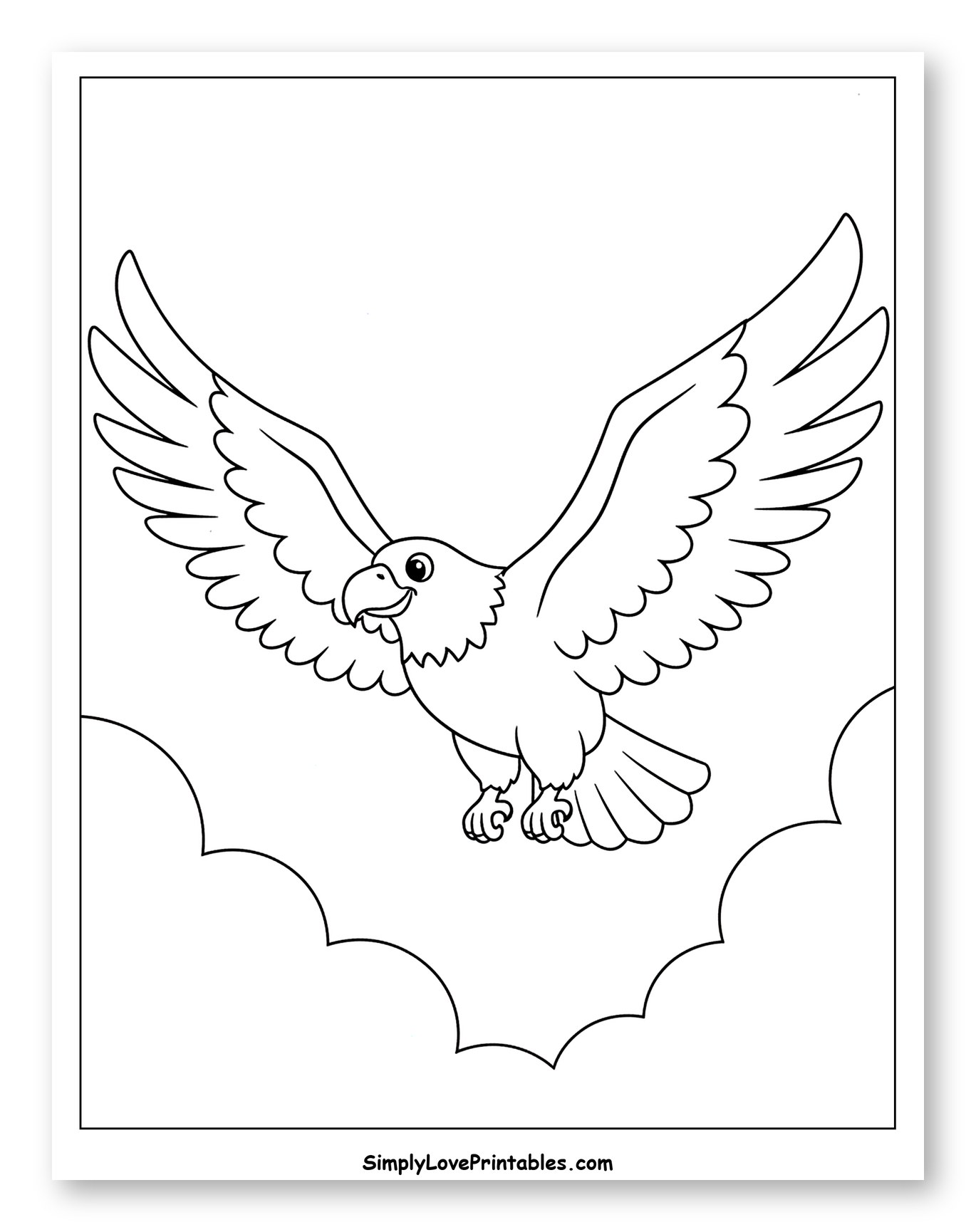 Happy Cartoon Eagle Flying Above Clouds