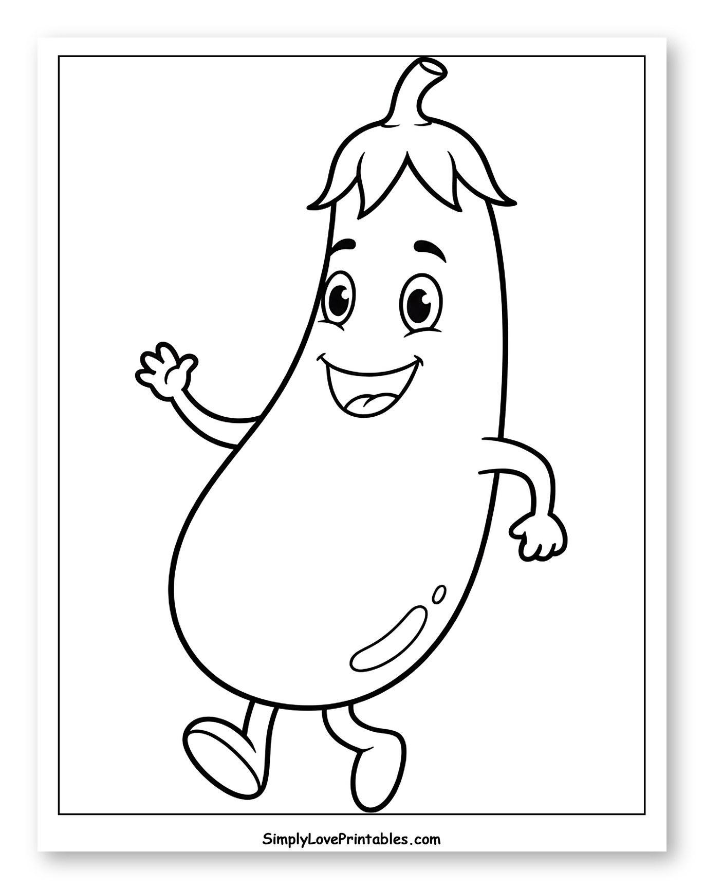 Happy Cartoon Eggplant Waving and Walking Coloring Sheet for Toddlers
