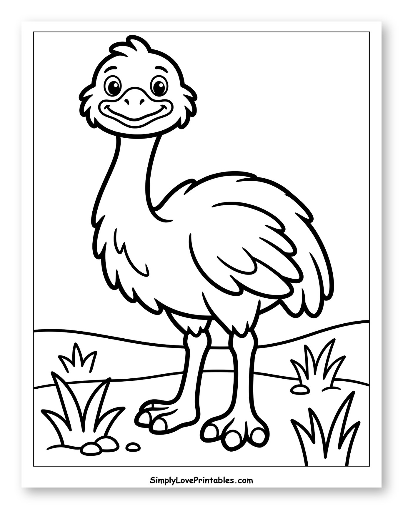 Happy Cartoon Emu Standing in Grass to Color for Toddlers
