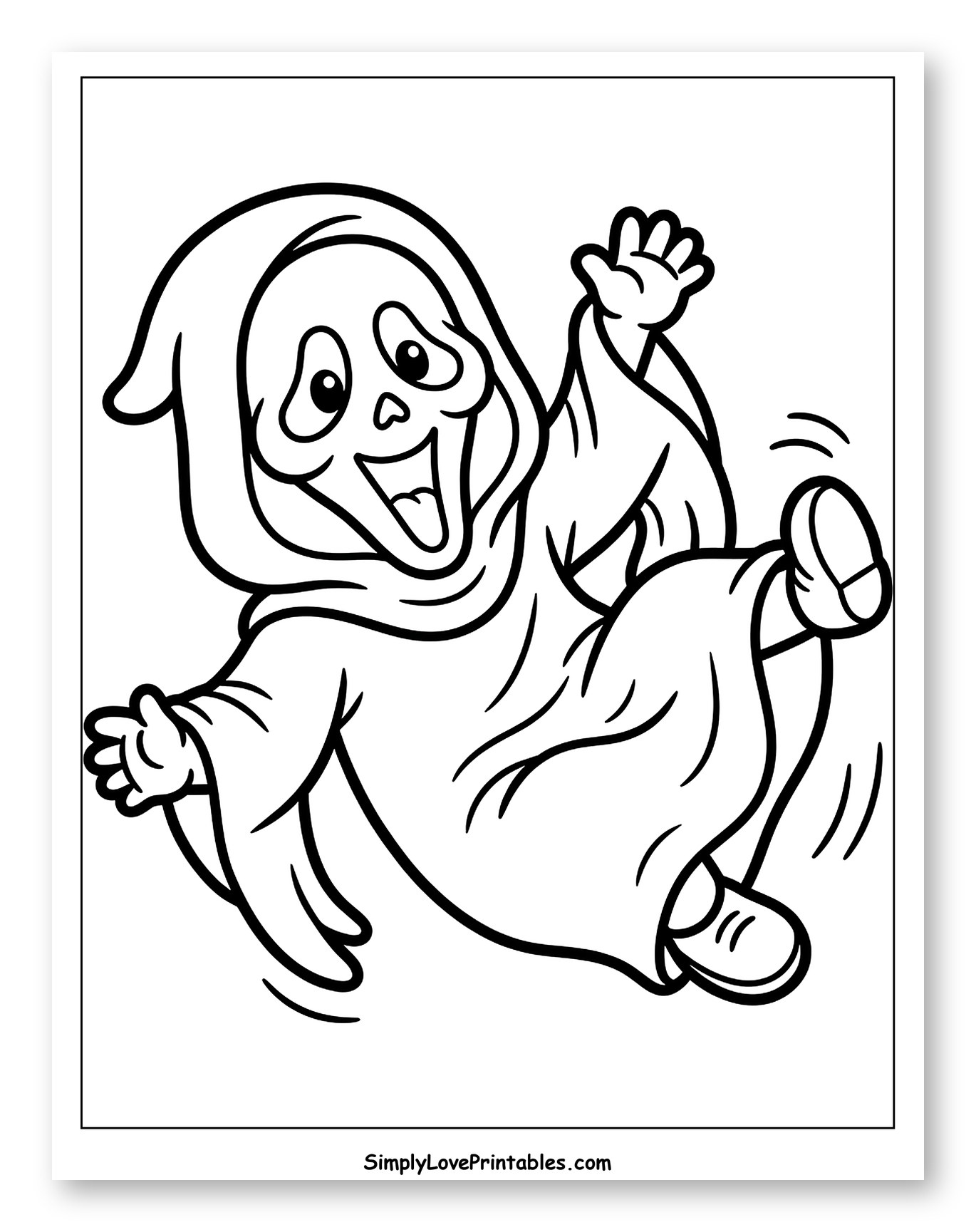 Happy Cartoon Ghost in Robe Jumping Coloring Sheet for Toddlers