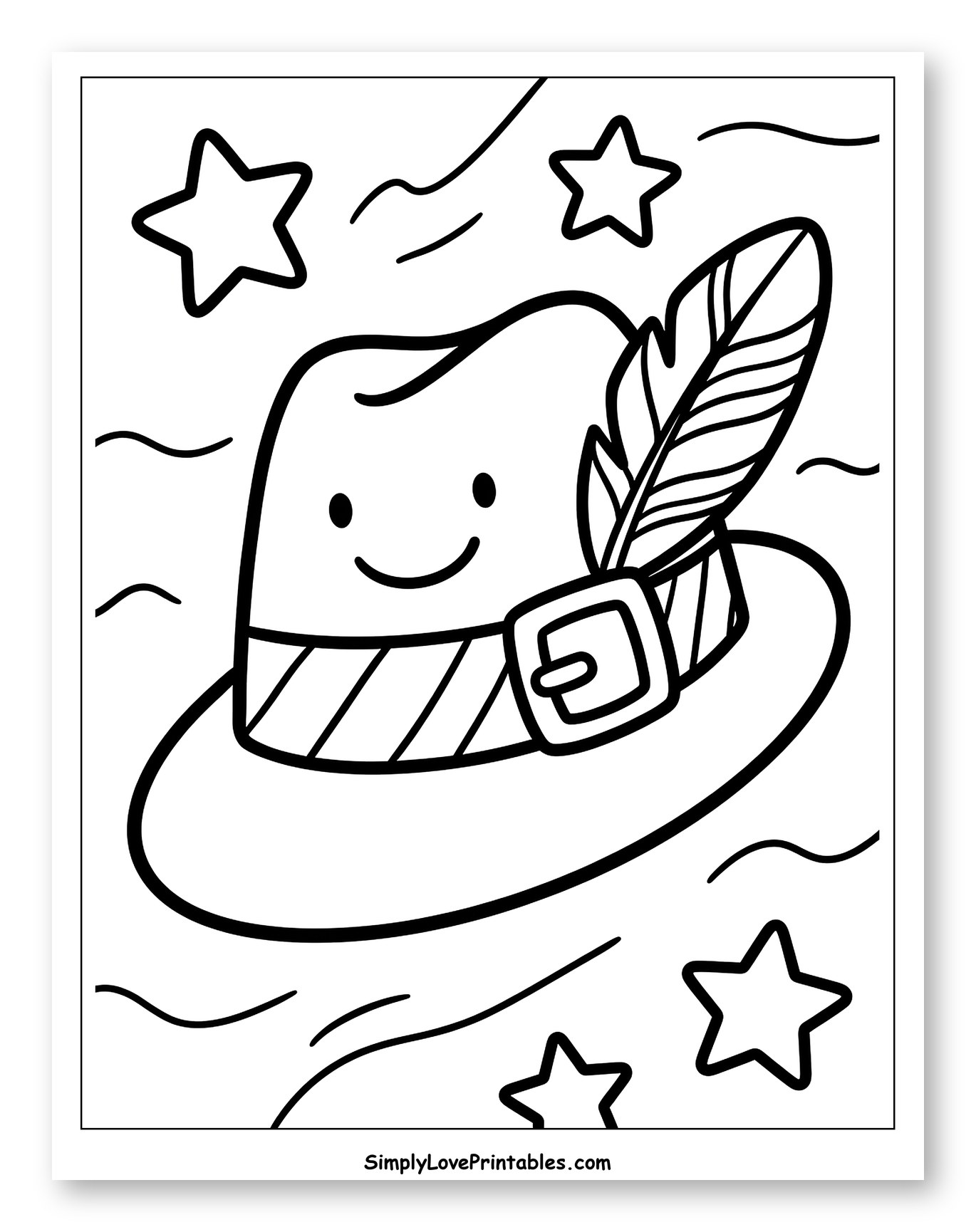 Happy Cartoon Hat with Feather and Stars to Color for Toddlers
