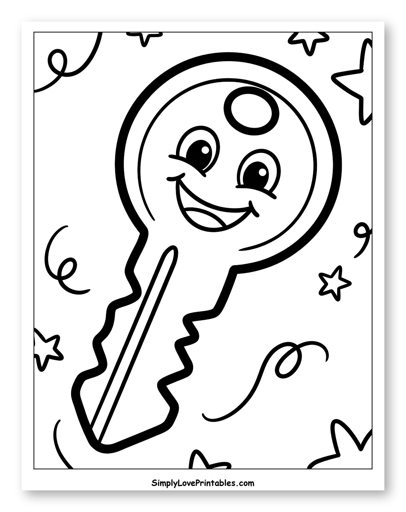 Happy Cartoon Key with Stars and Swirls