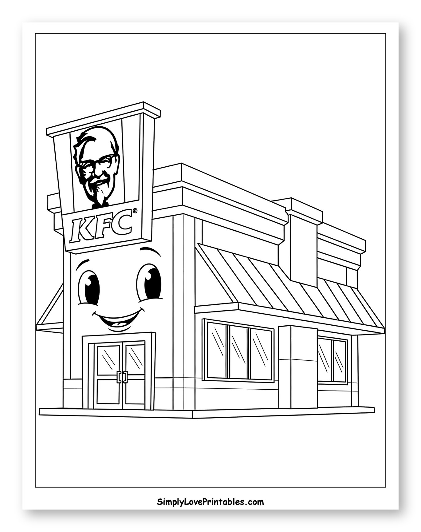 Happy Cartoon KFC Restaurant Building Coloring Sheet for Toddlers