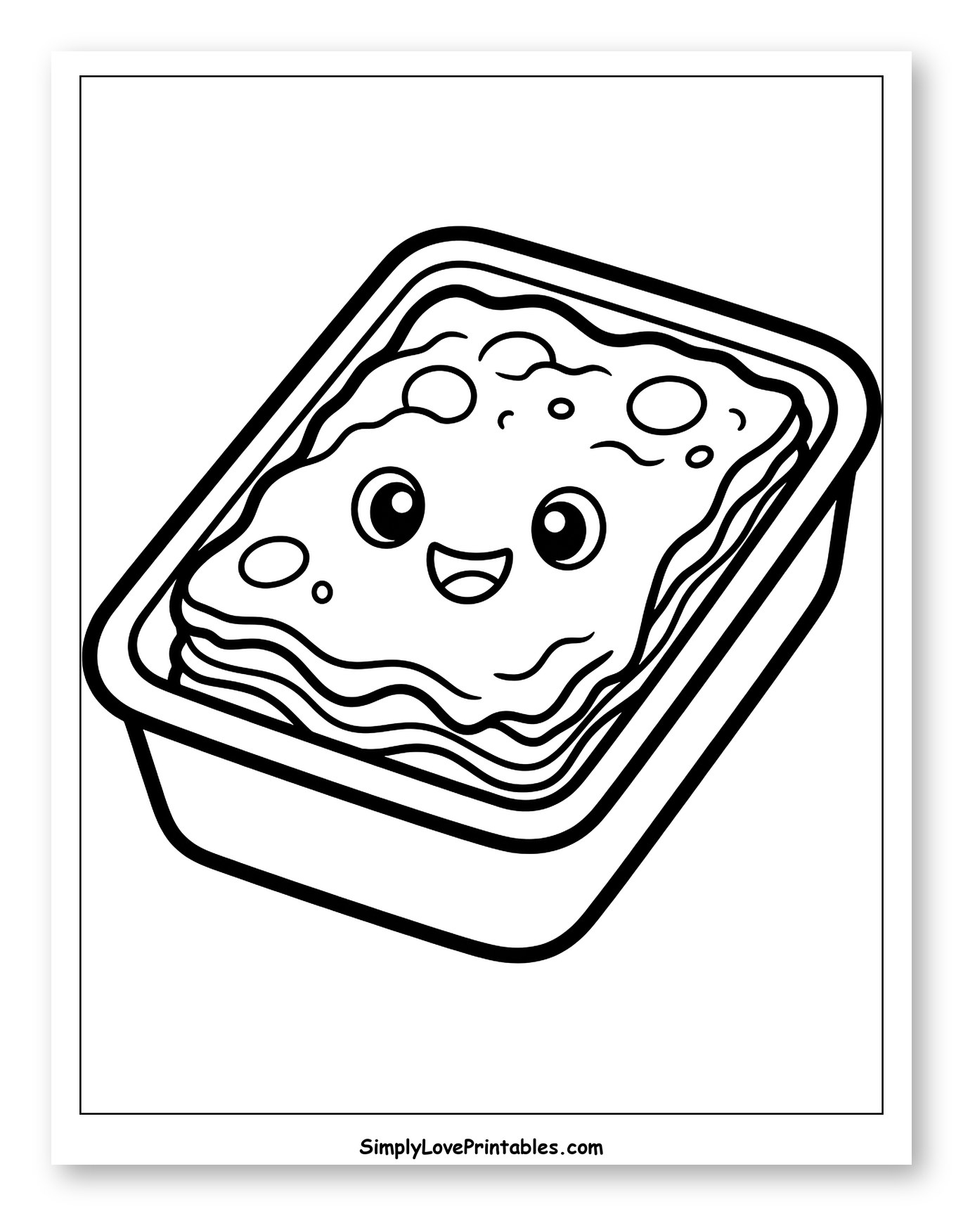 Happy Cartoon Lasagna in a Baking Dish Coloring Page for Toddlers