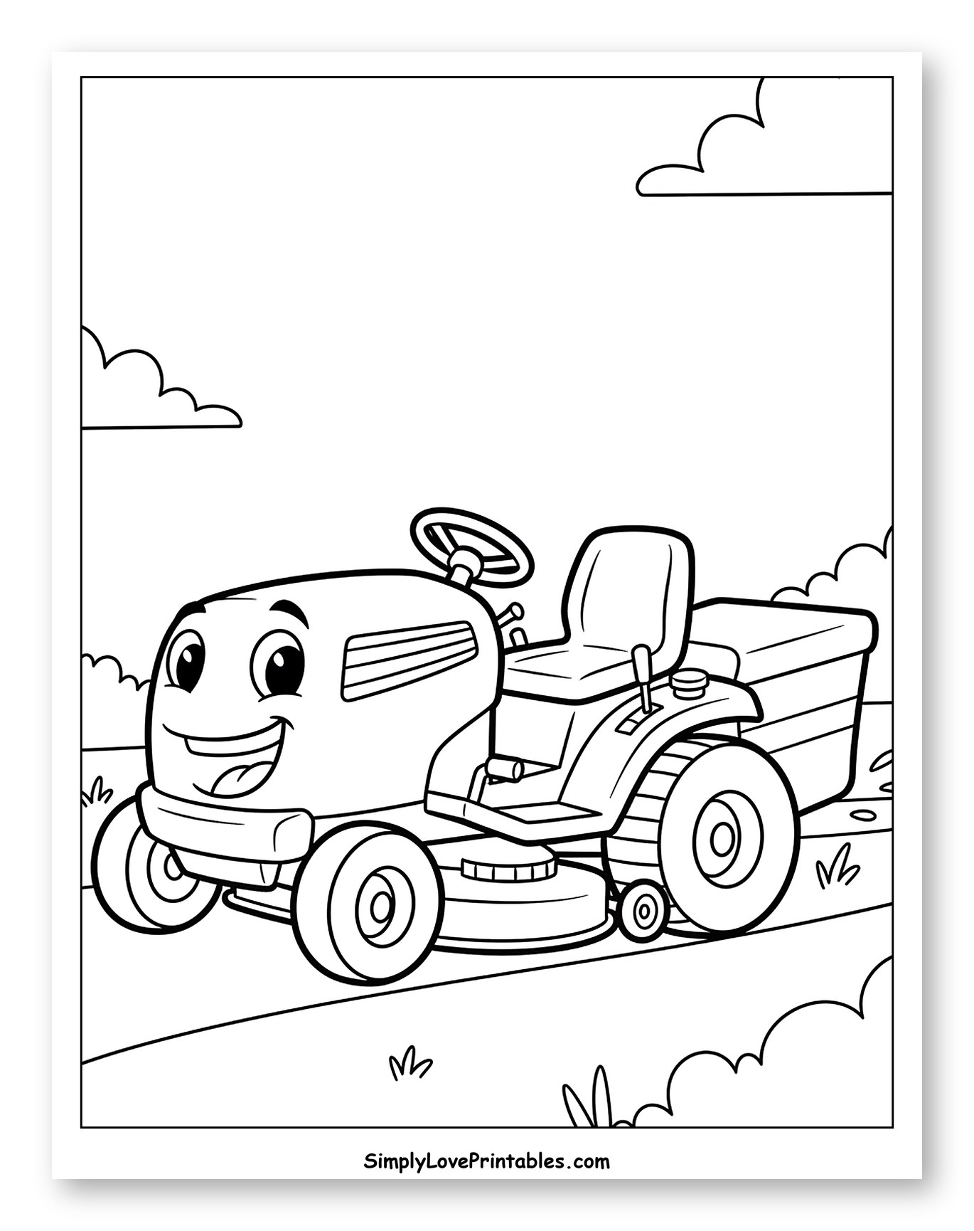 Happy Cartoon Lawn Mower Cutting Grass Coloring Sheet for Toddlers