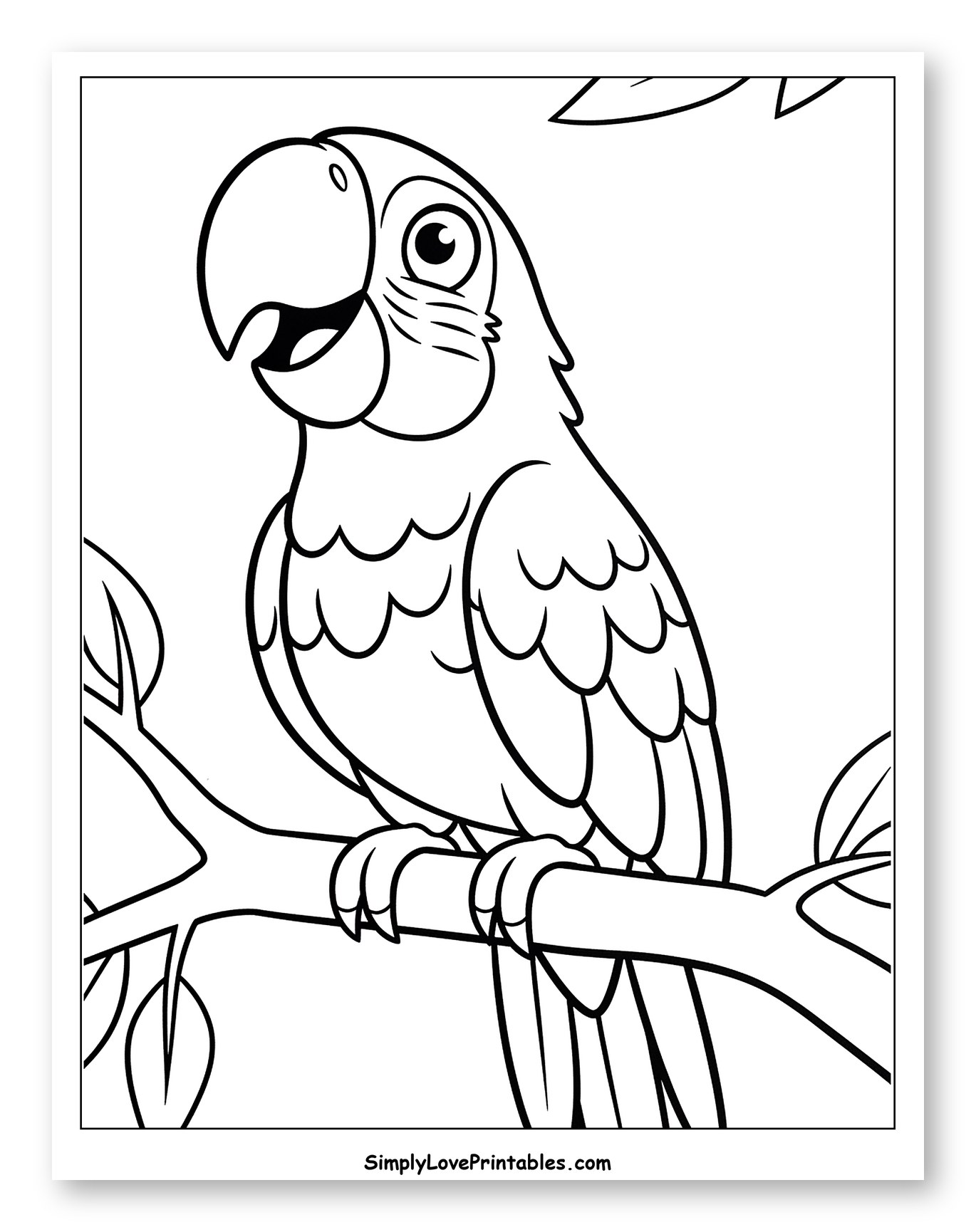 Happy Cartoon Macaw on a Branch Coloring Sheet for Toddlers