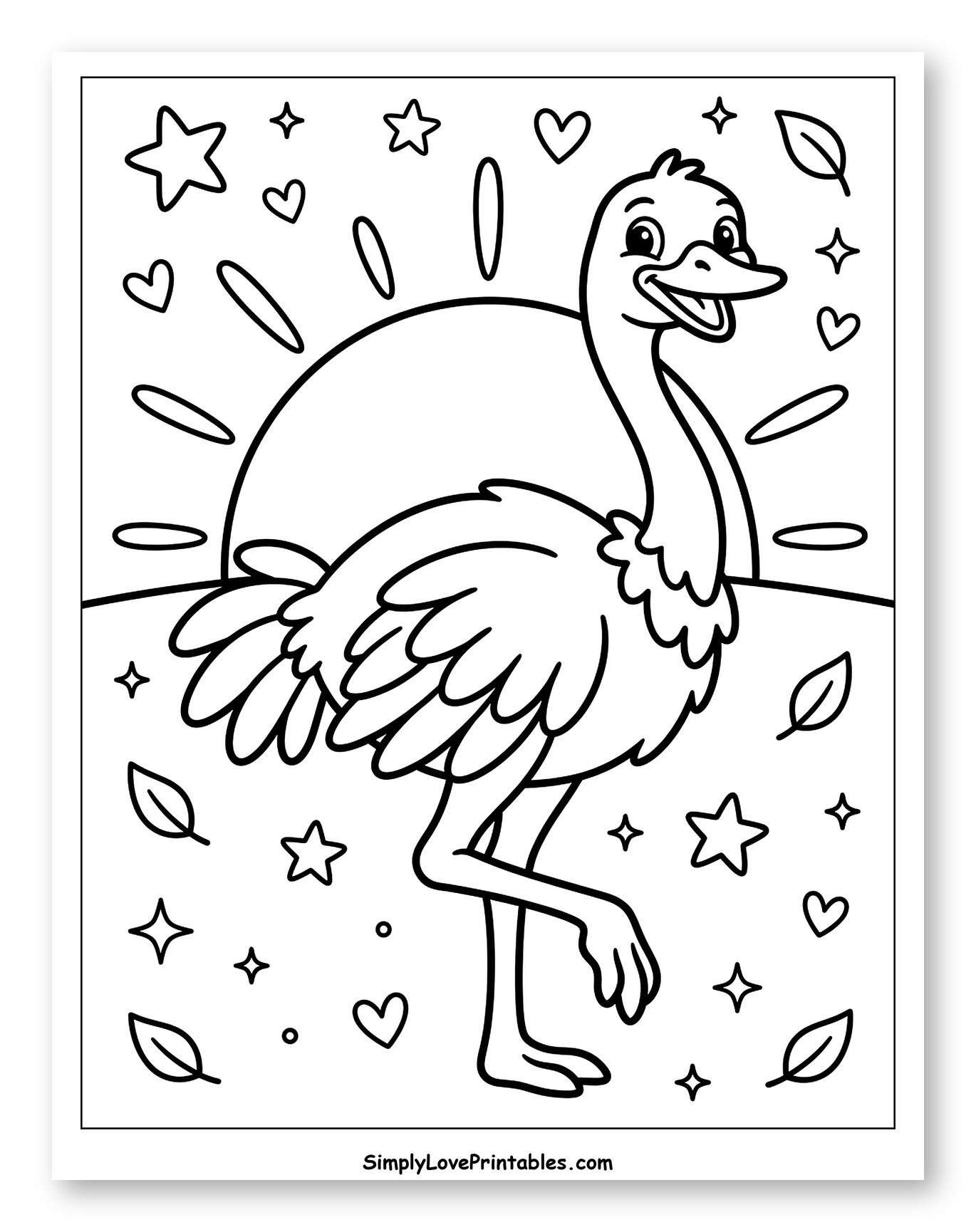 Happy Cartoon Ostrich with Stars and Hearts