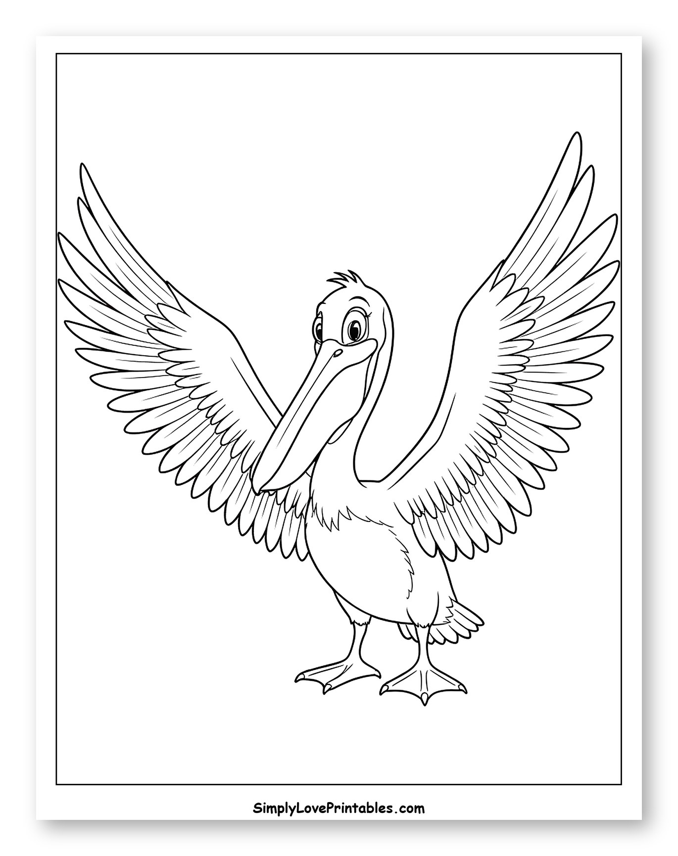 Happy Cartoon Pelican with Spread Wings Coloring Page for Toddlers