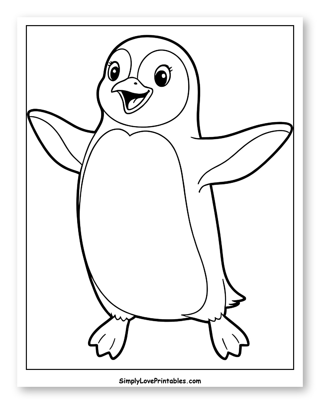 Happy Cartoon Penguin with Open Flippers Coloring Sheet for Toddlers