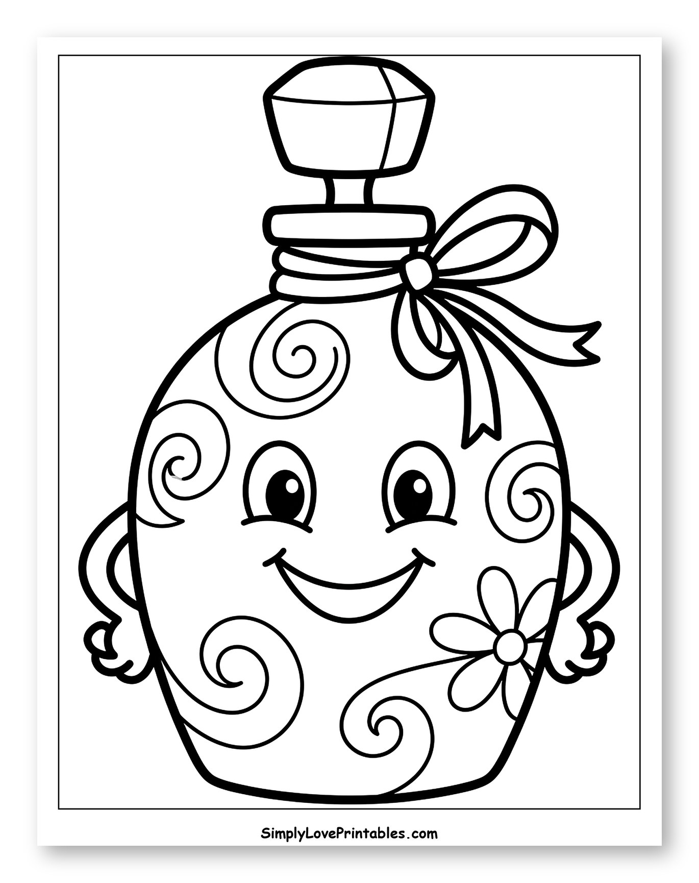 Happy Cartoon Perfume Bottle with Swirls and Bow Coloring Page for Toddlers
