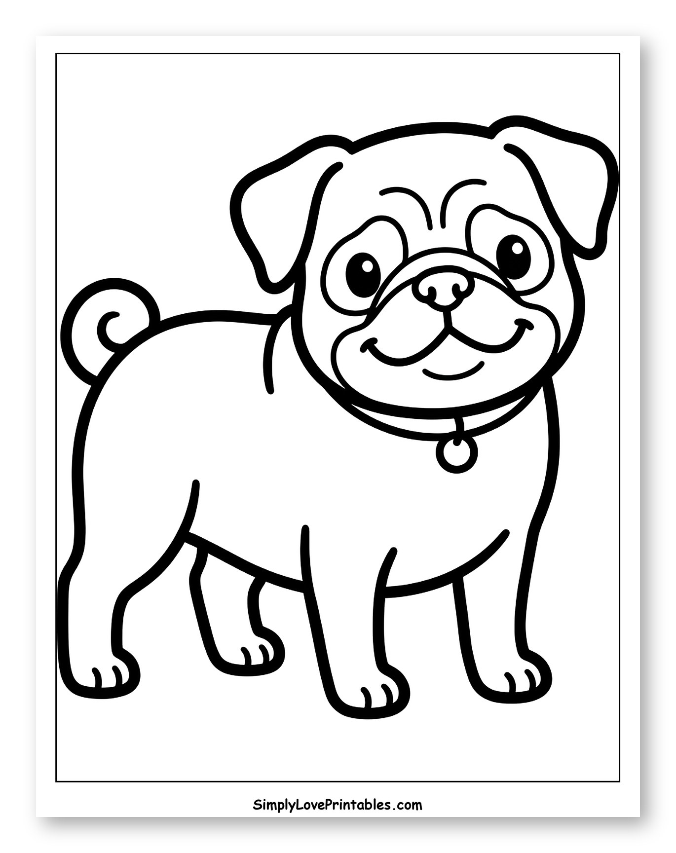 Happy Cartoon Pug Dog with Collar to Color for Toddlers