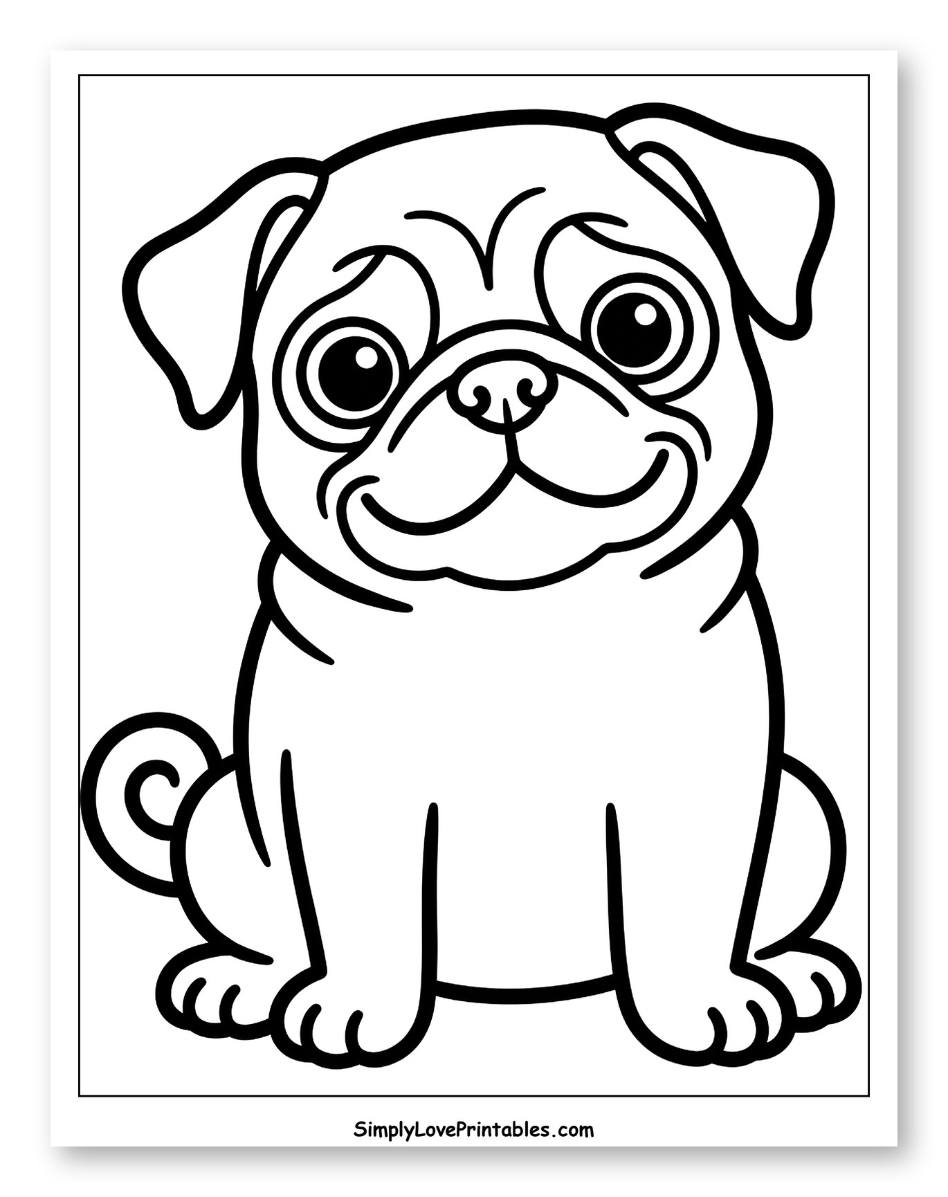 Happy Cartoon Pug Sitting Coloring Page for Toddlers