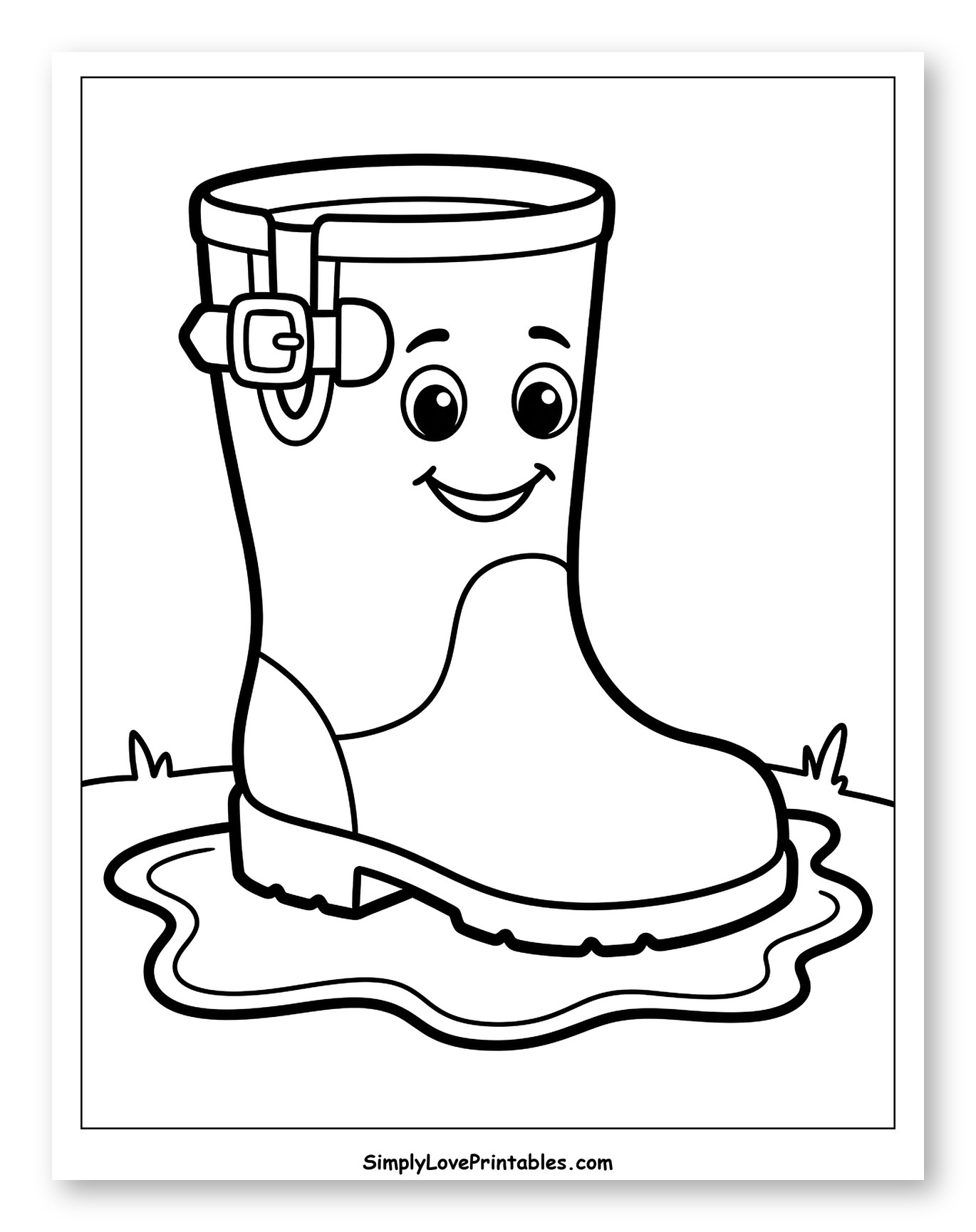 Happy Cartoon Rain Boot in a Puddle Coloring Sheet for Toddlers
