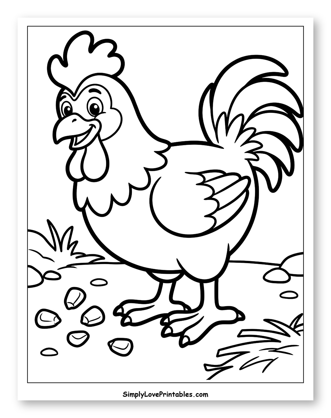 Happy Cartoon Rooster Eating Seeds