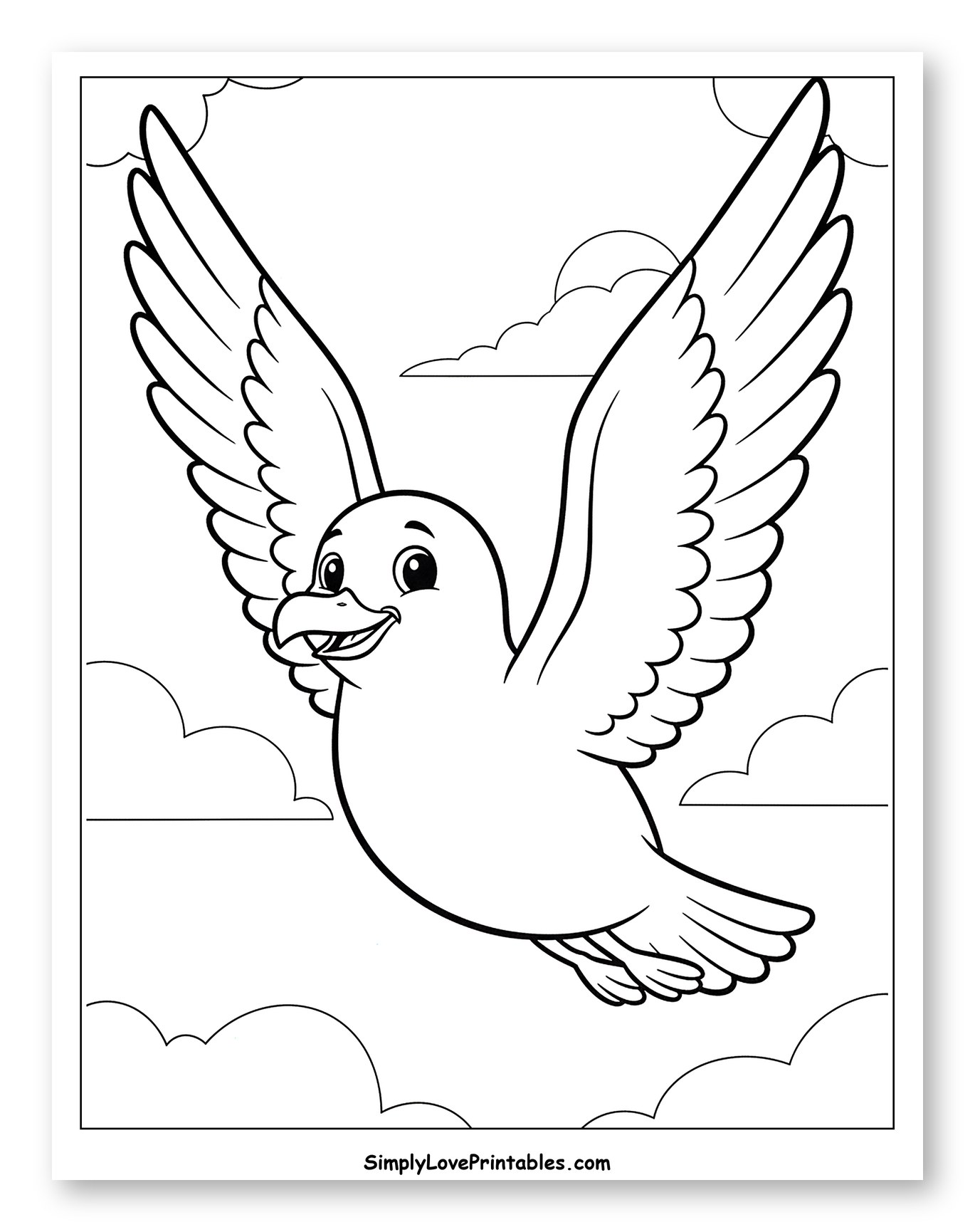 Happy Cartoon Seagull Flying in the Clouds