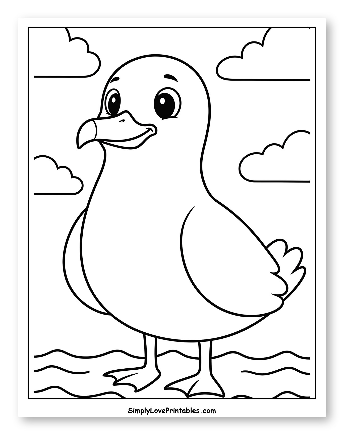 Happy Cartoon Seagull Standing on Water Coloring Page for Toddlers