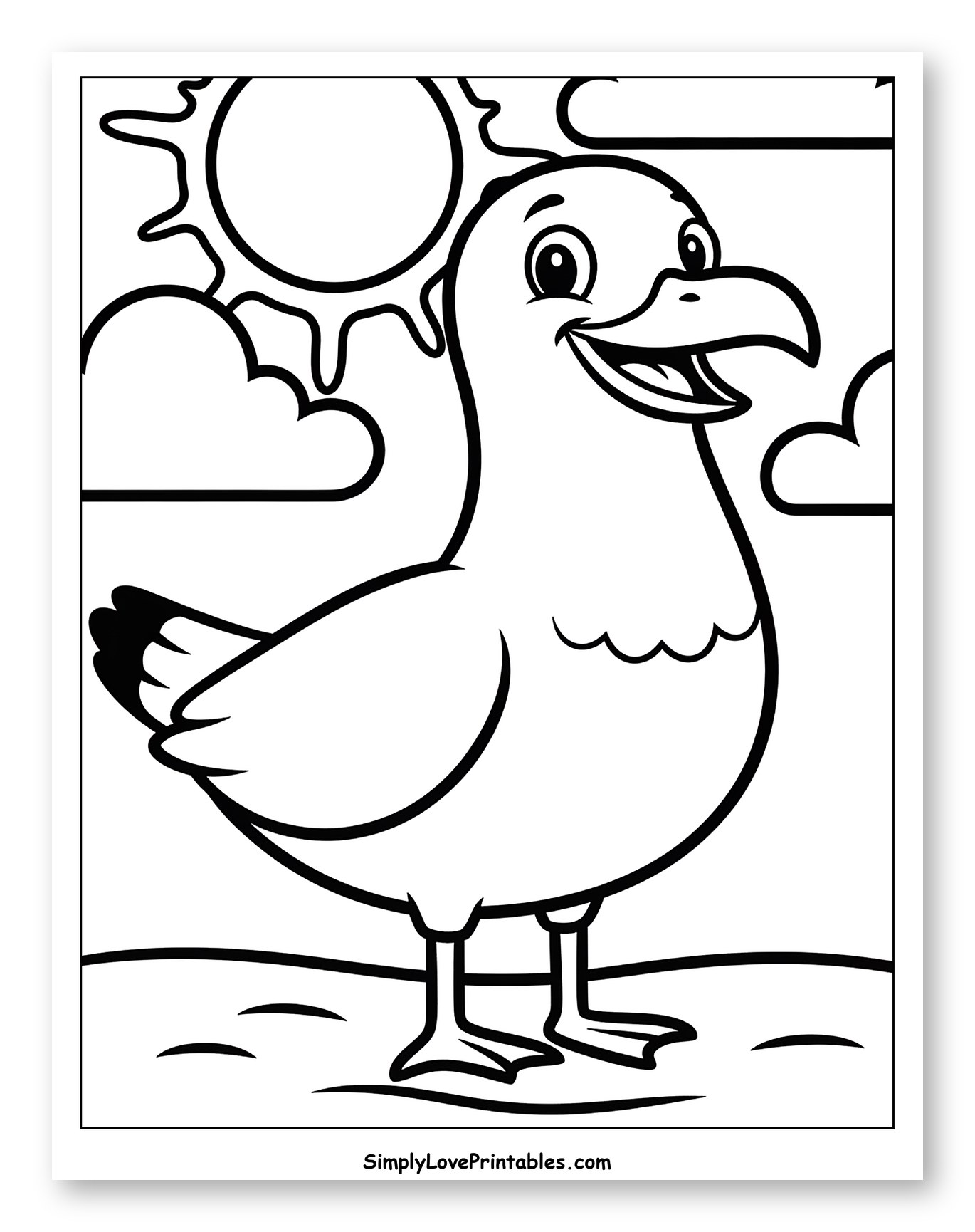 Happy Cartoon Seagull with Sun and Clouds