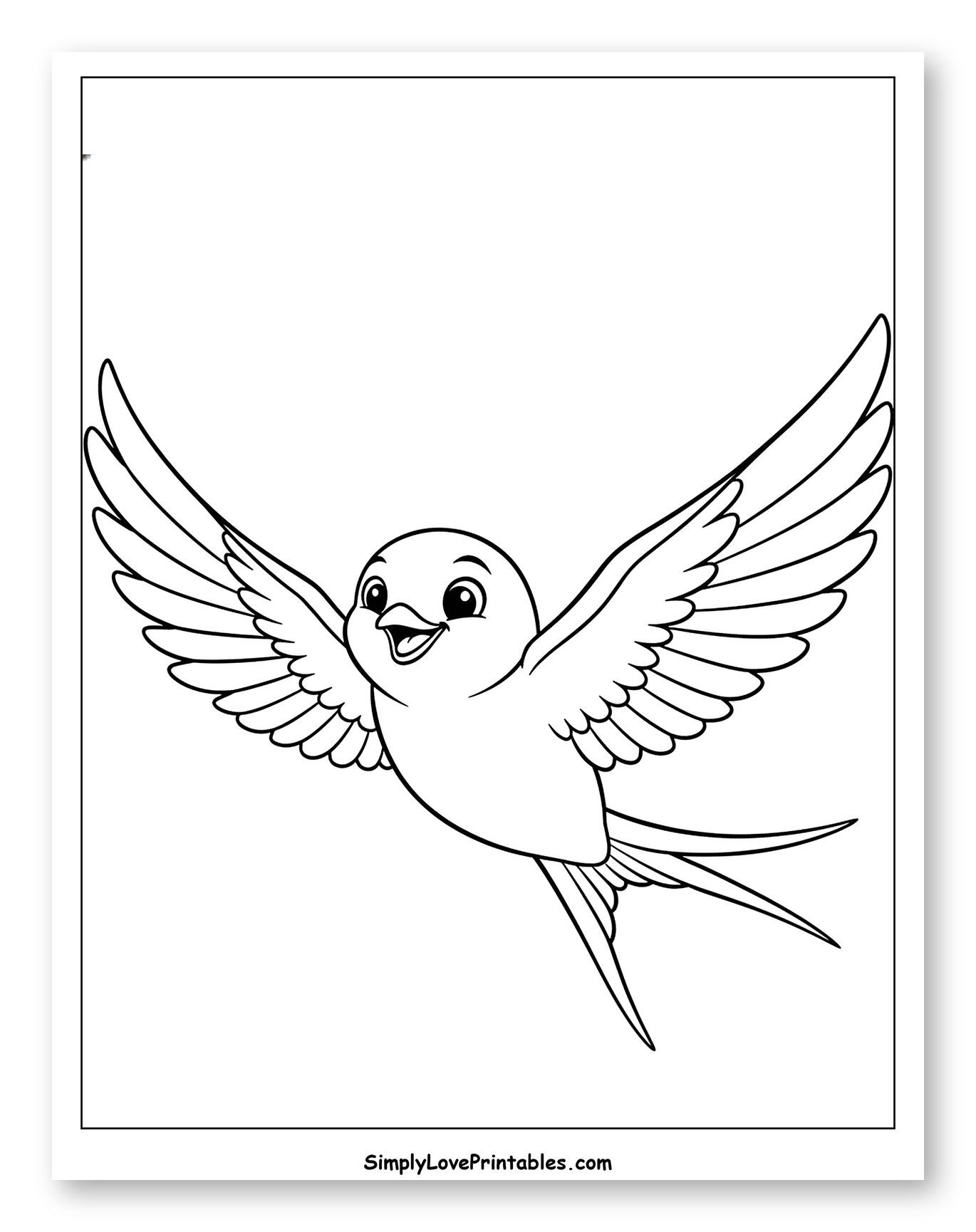 Happy Cartoon Swallow Flying with Wings Spread Coloring Page for Toddlers